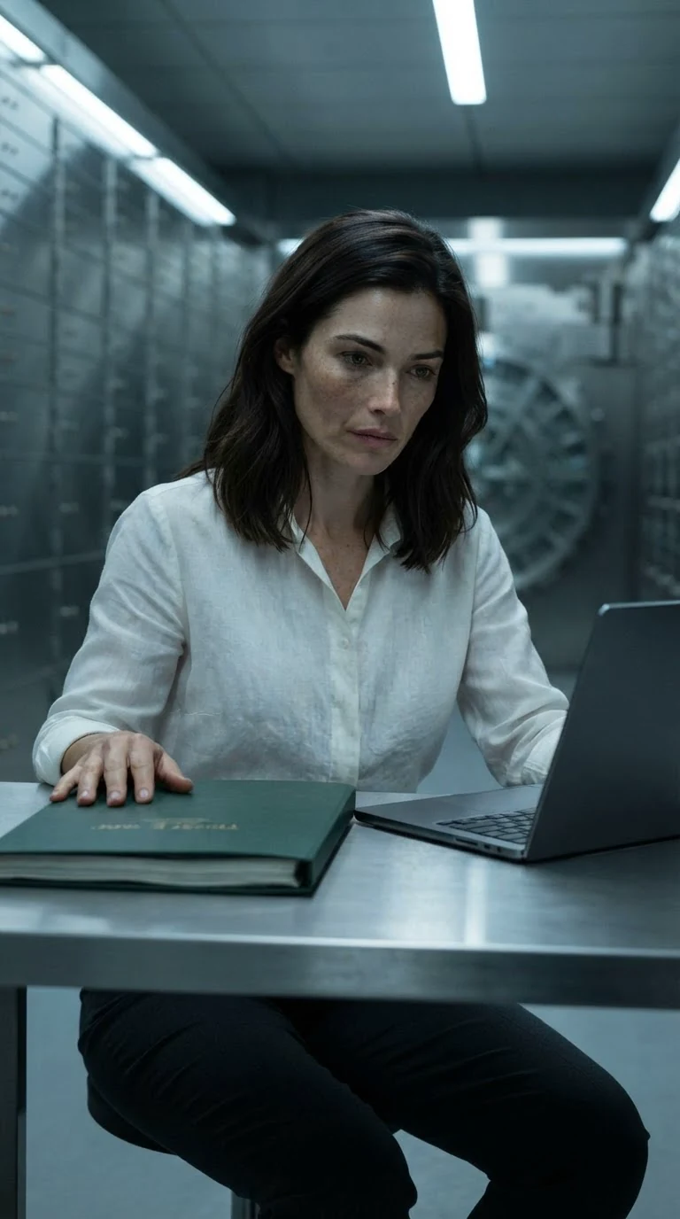 A young woman in a plain blouse works alone at a metal table inside a bank vault.