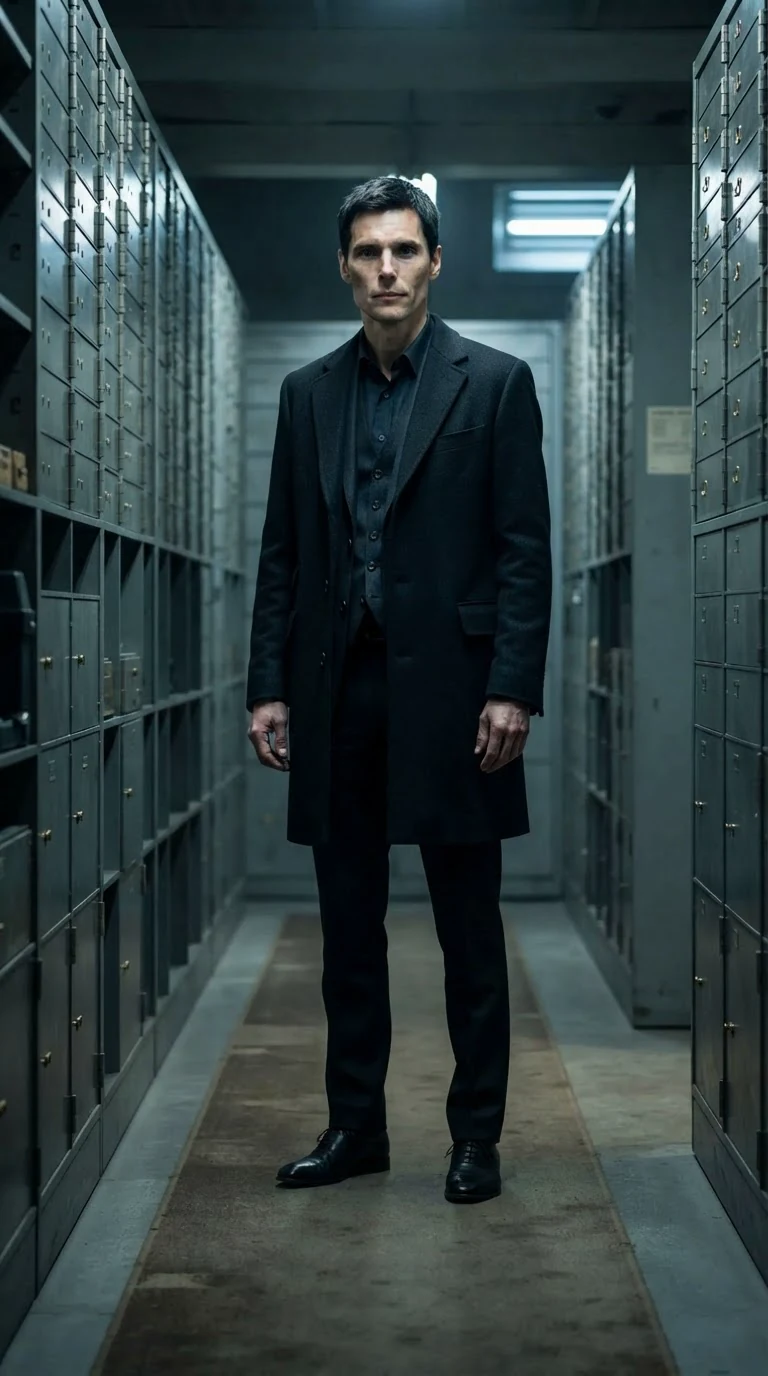 A tall man in a dark suit stands at the end of a vault aisle, watching her.