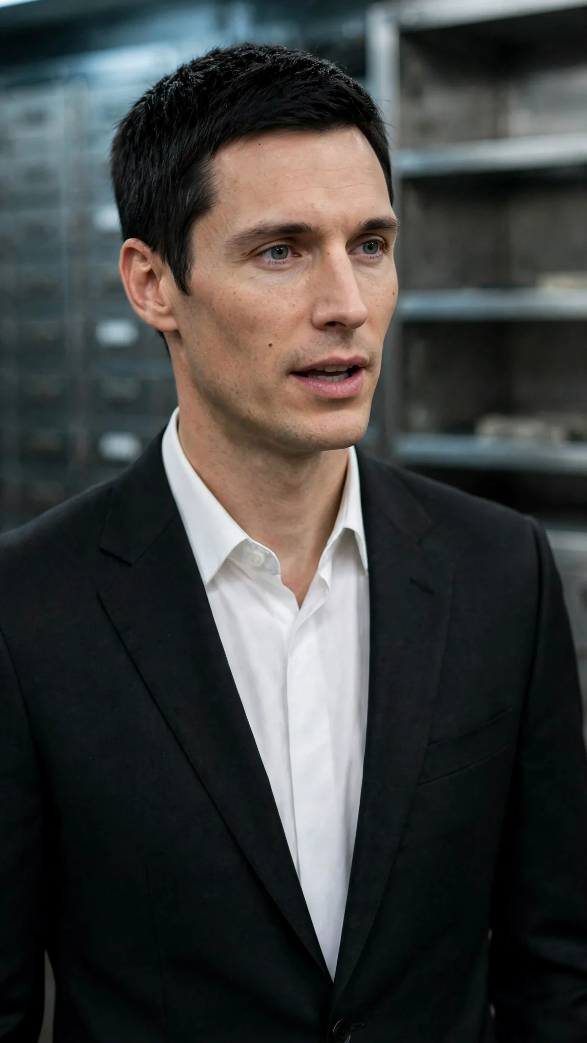 Close view of the man speaking, his gray eyes steady on her.