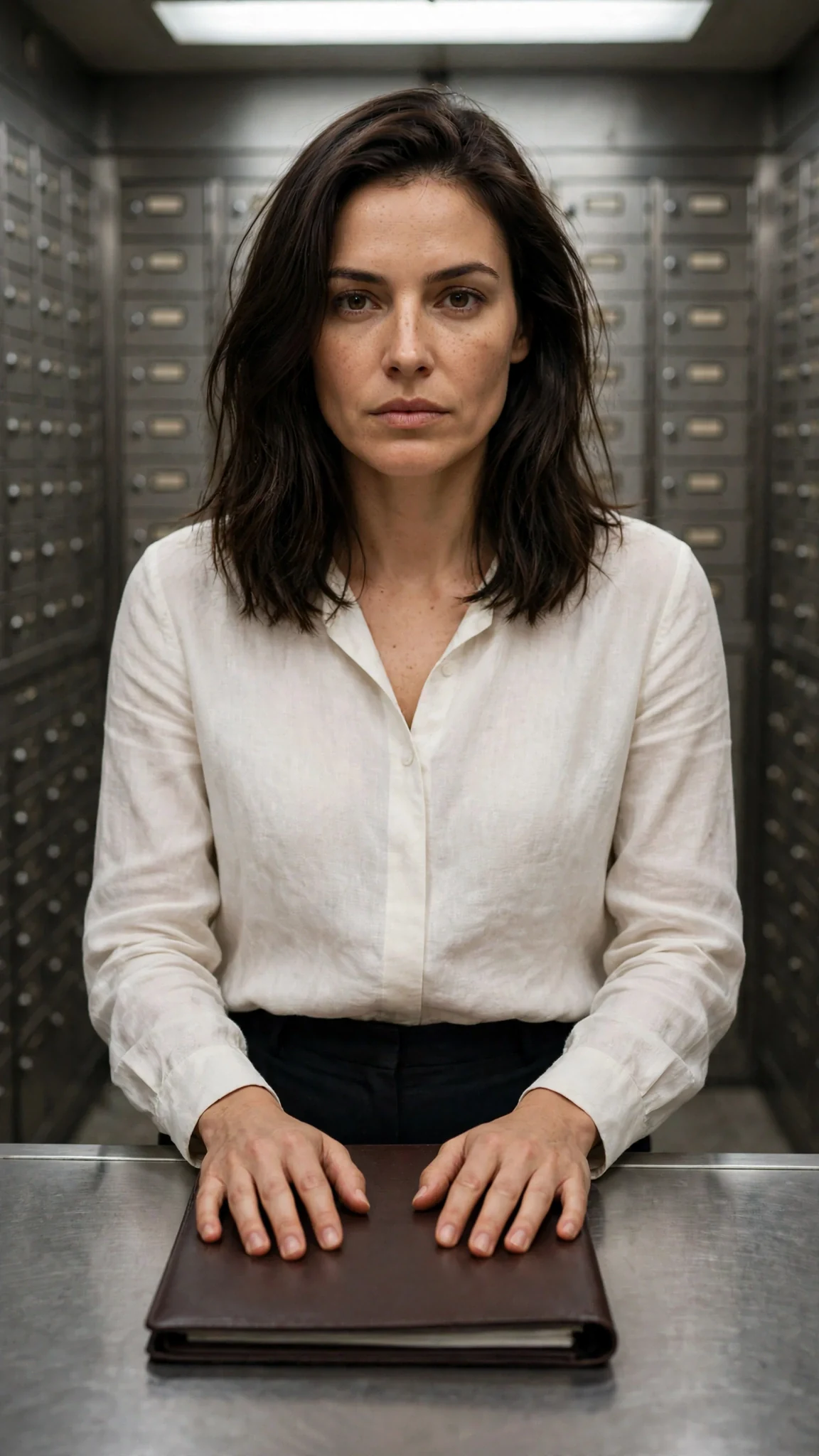 The woman answers with a calm, guarded face.
