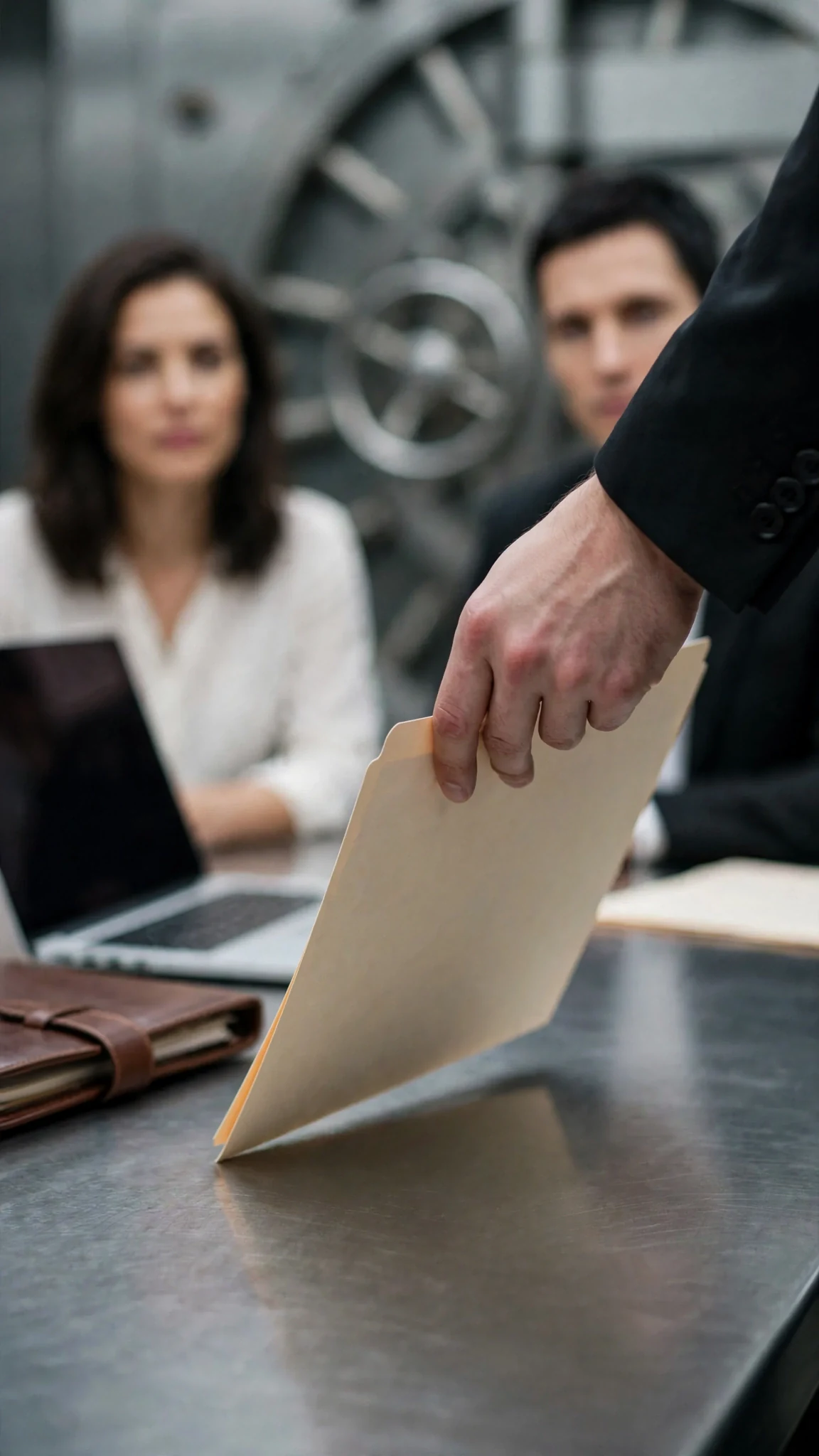 A thin folder is placed on the table between them.