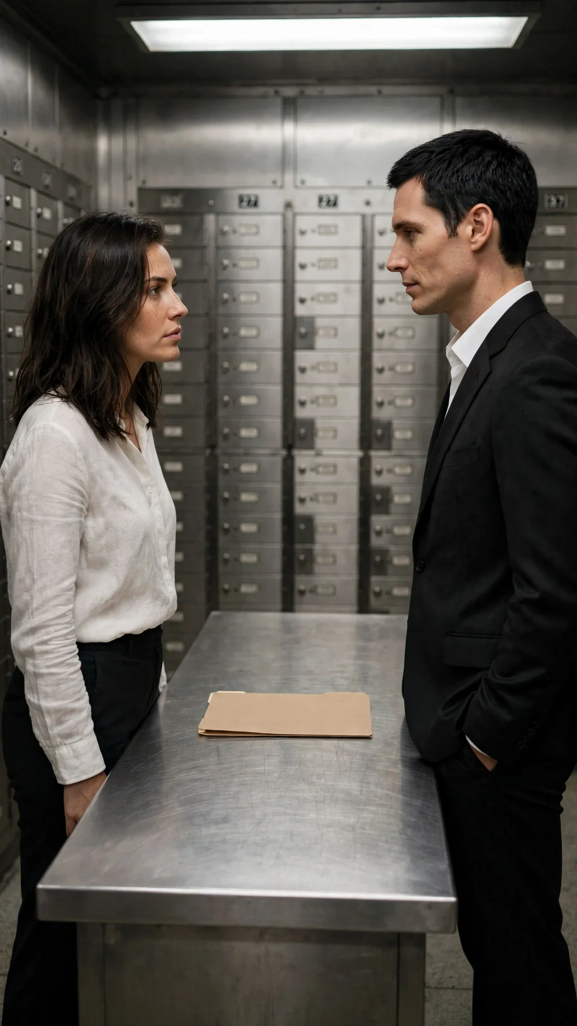Two-shot of them facing each other across the vault table.