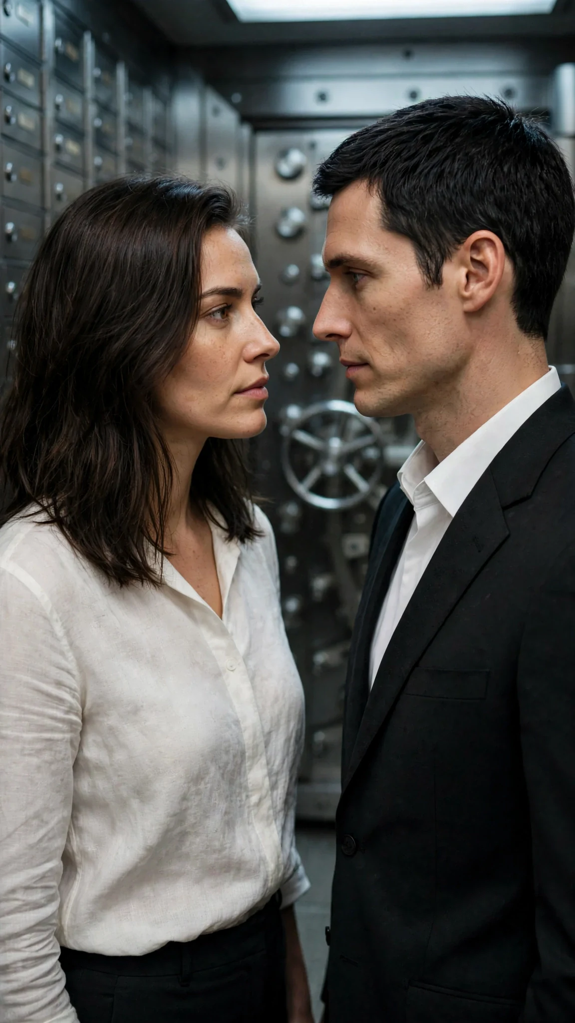 The man steps closer; the woman holds her ground, faces close.