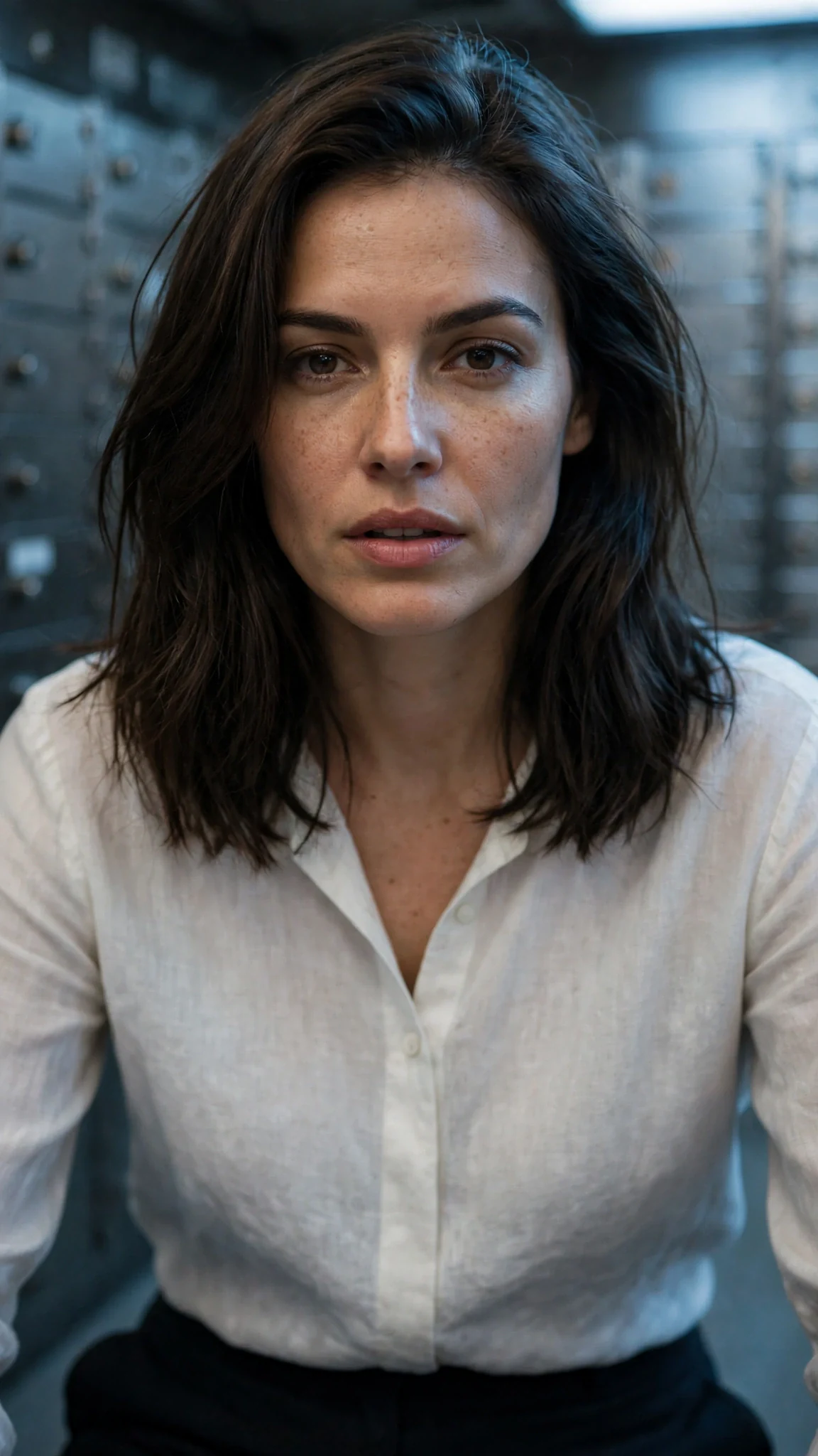 The woman's face as she absorbs his words, cold and still.