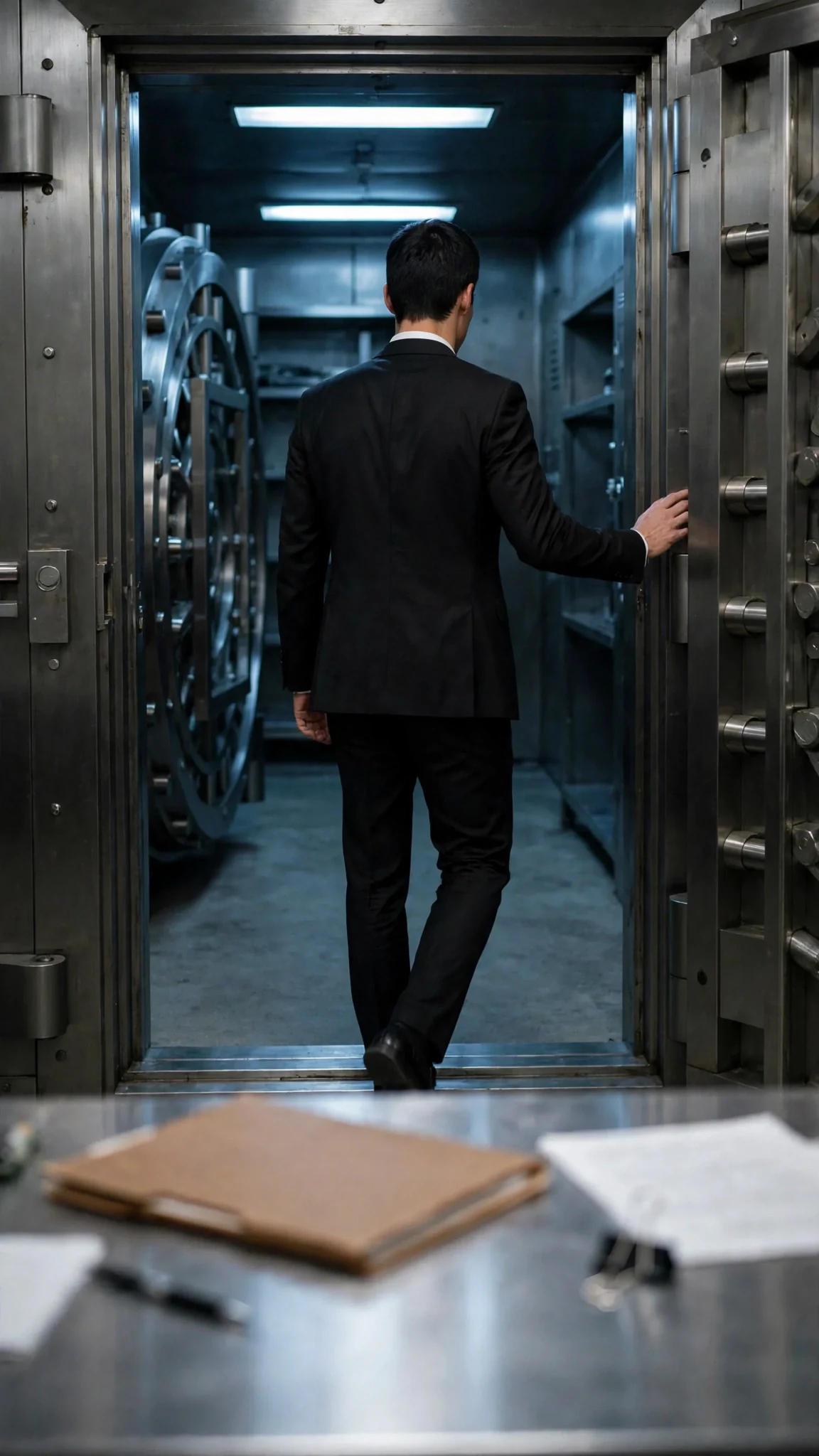 The man walks toward the vault door and pauses without turning.