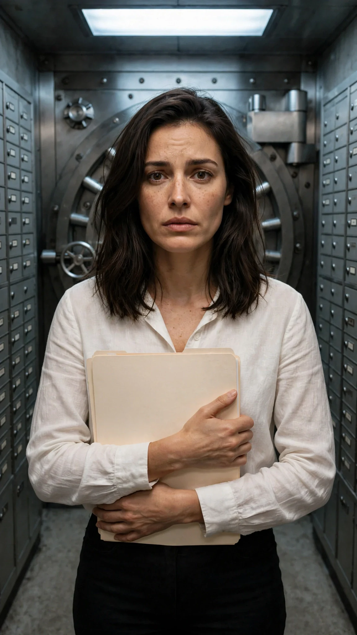 The woman stands alone in the vault, holding the folder.