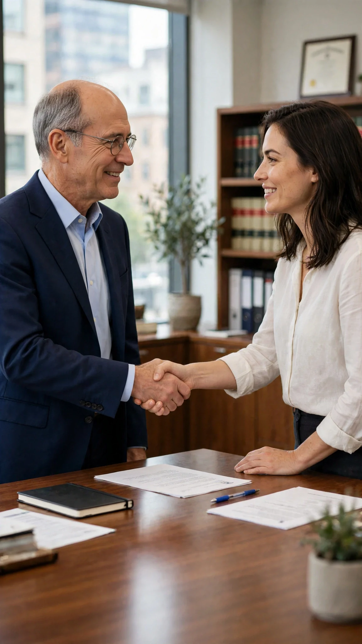 A balding lawyer in a navy suit rises from a long table to greet her.