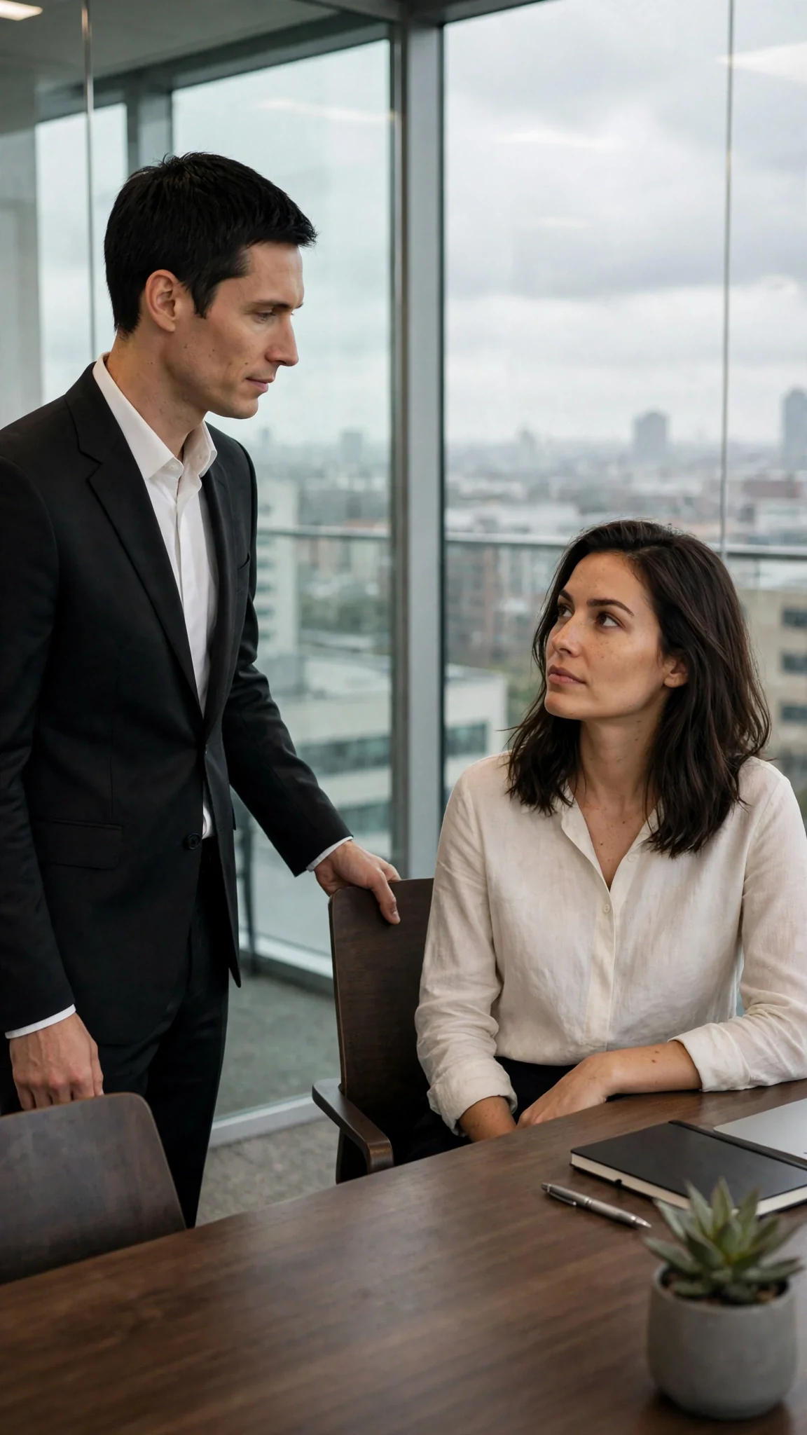 A tall man in a dark suit enters the office and sits across from her without knocking.