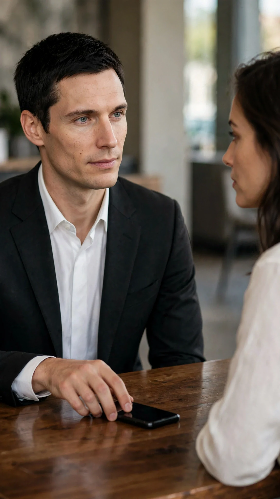 Warren sets his phone face down on the table, eyes on her.