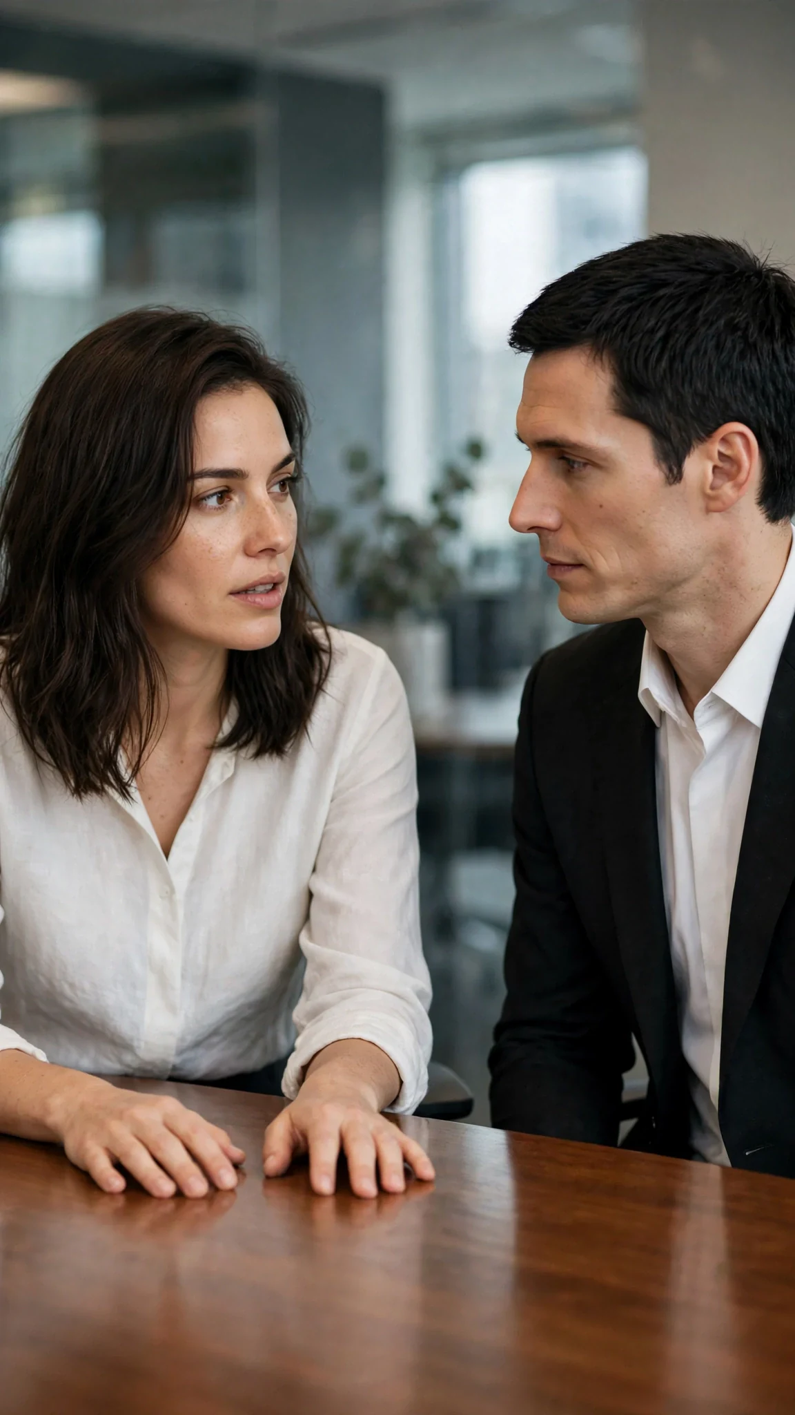 Thea looks up from the contract and speaks, her hands flat on the table.