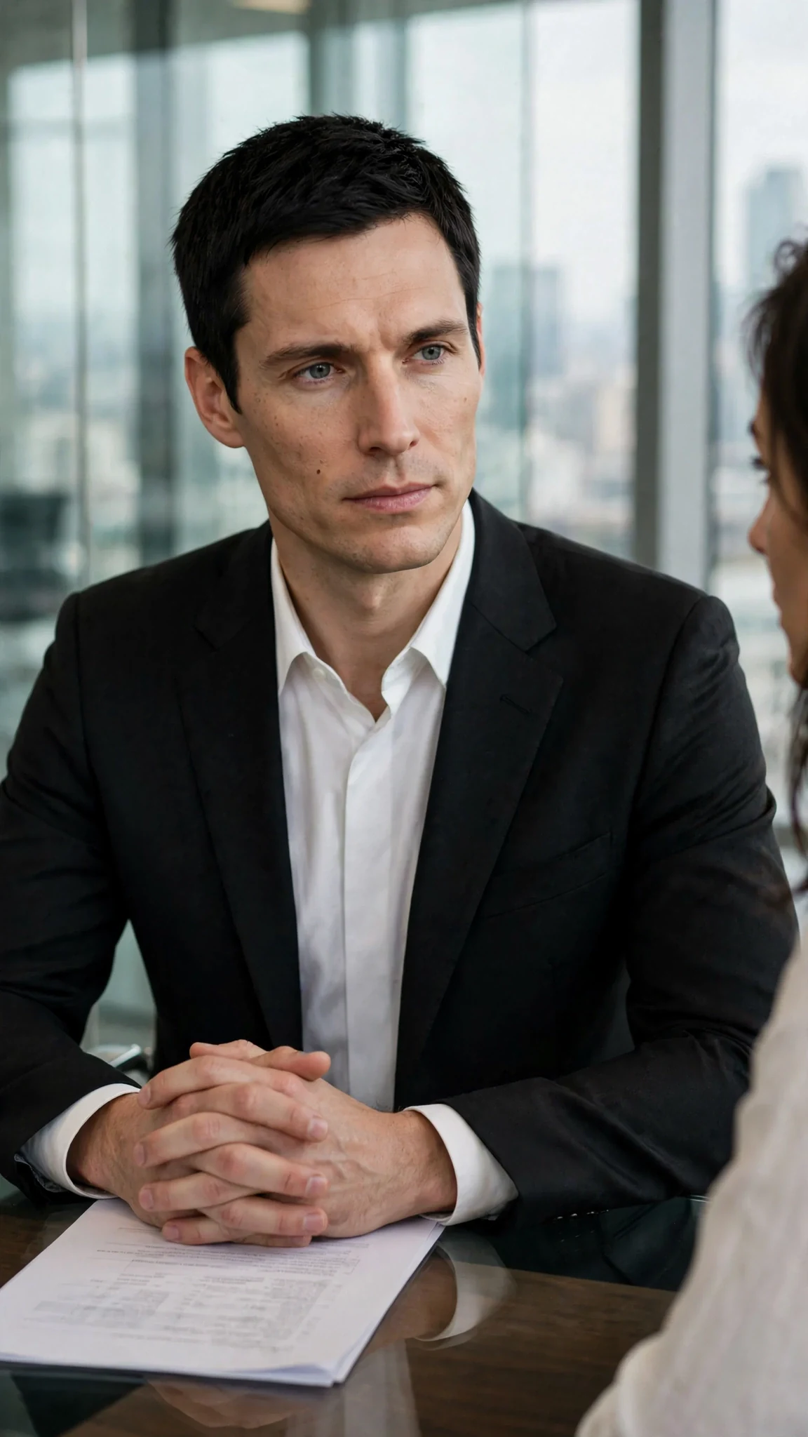 Warren speaks with a cold, level stare across the table.