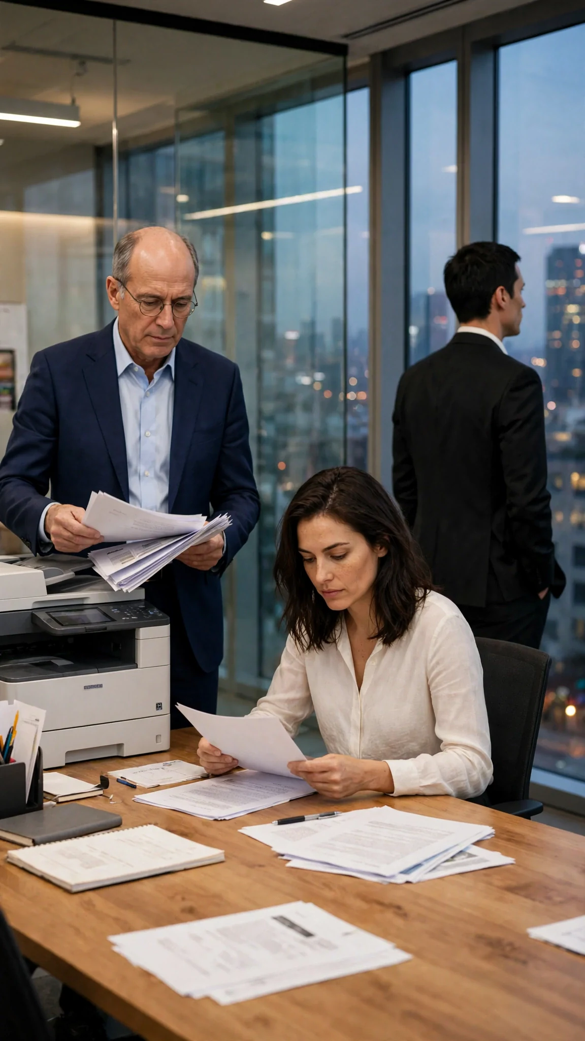 The lawyer prints a fresh draft; Thea sits alone with it, looking at the pages.