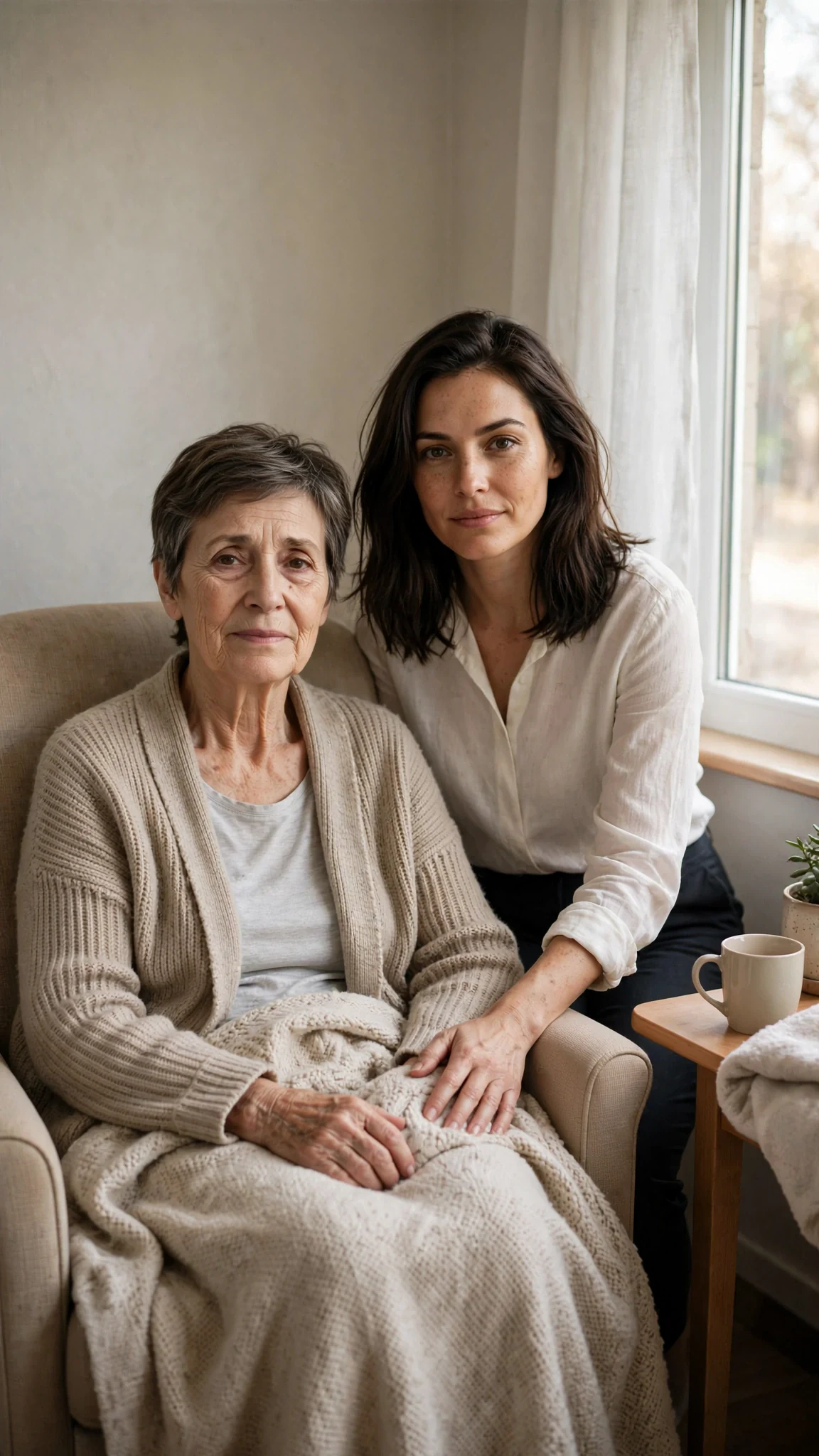 Thea stands beside her mother in a sunlit care home room.