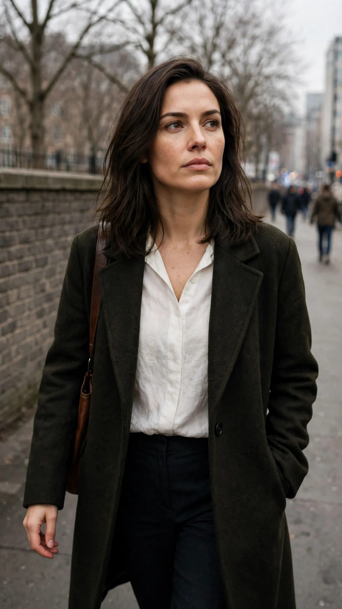 Thea walks along a gray city pavement outside the care home.