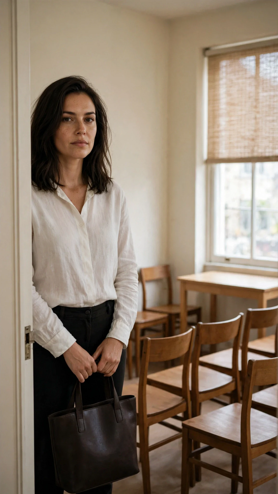 Thea steps into a small, empty ceremony room with cream walls.