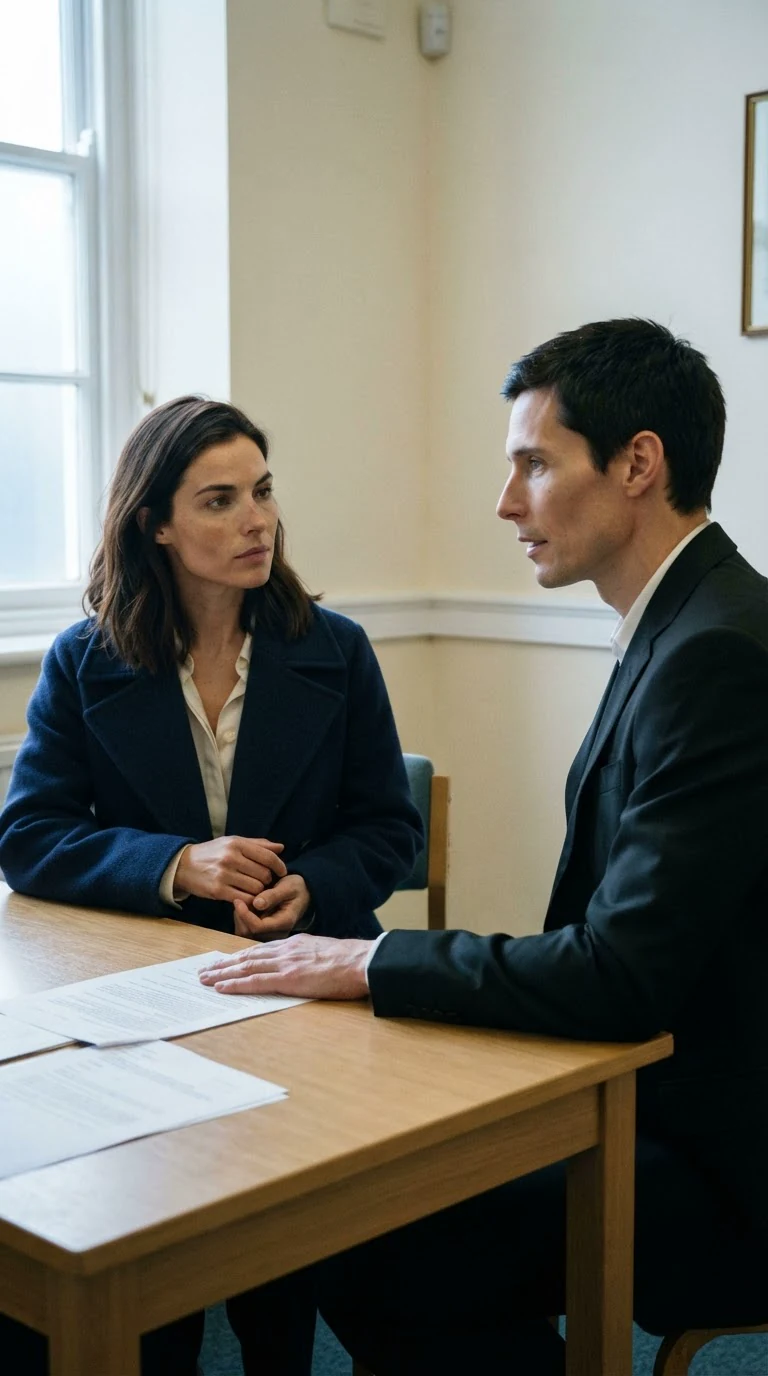 Warren speaks across the table while Thea stands with her coat still on.
