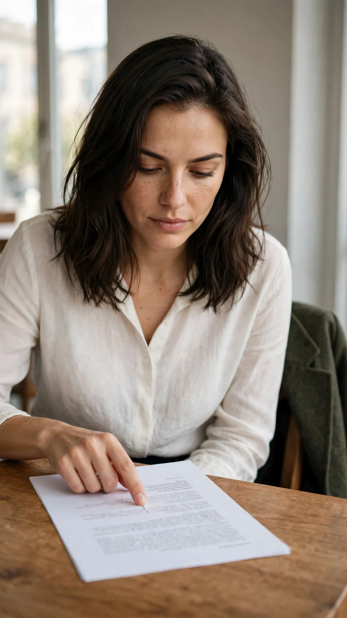 Thea reads the contract page under the window light.