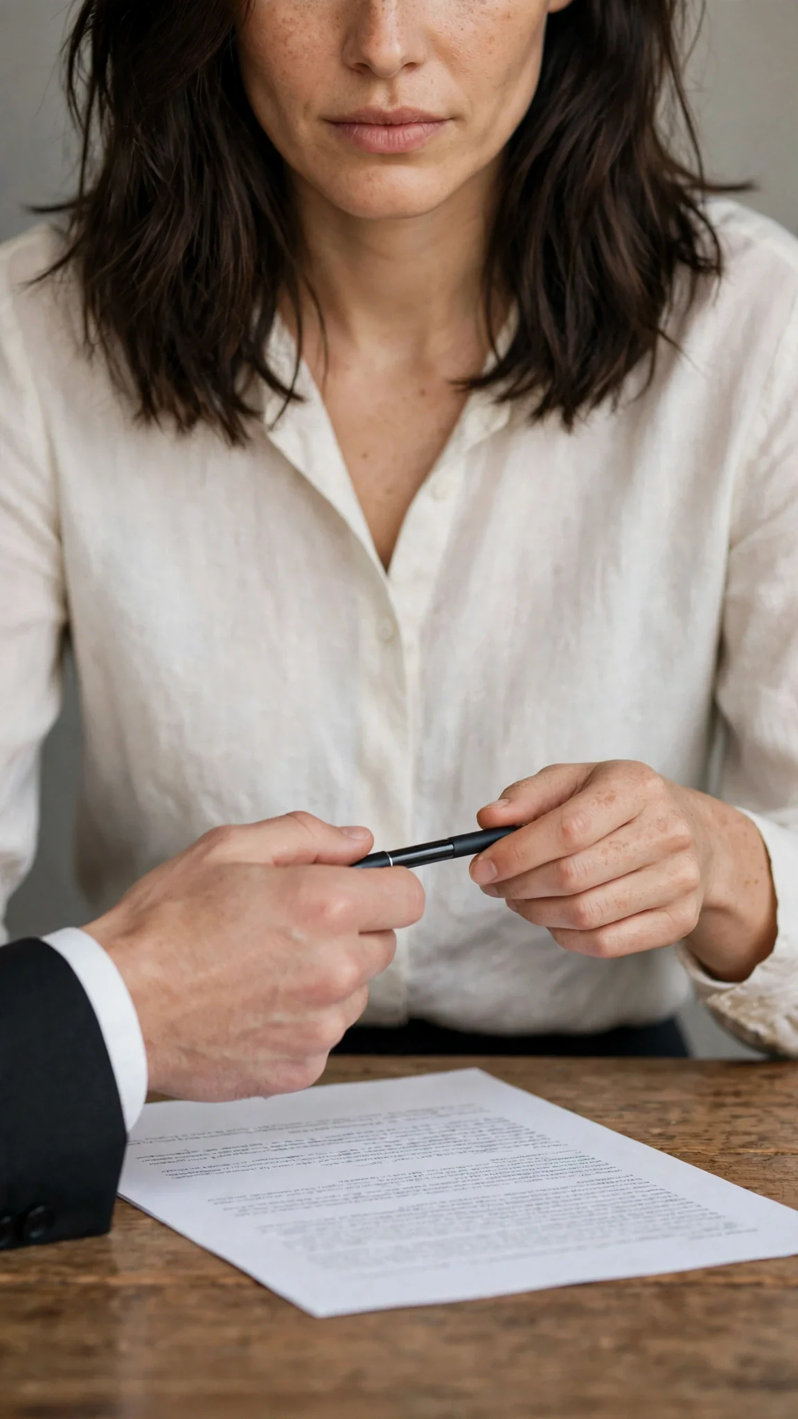 A pen is held out over the signature line of the contract.