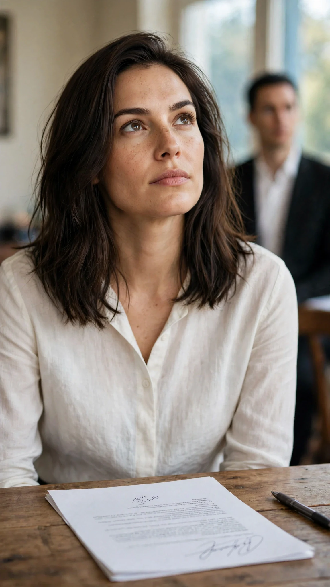 Thea sits with the signed page in front of her, chin lifted.