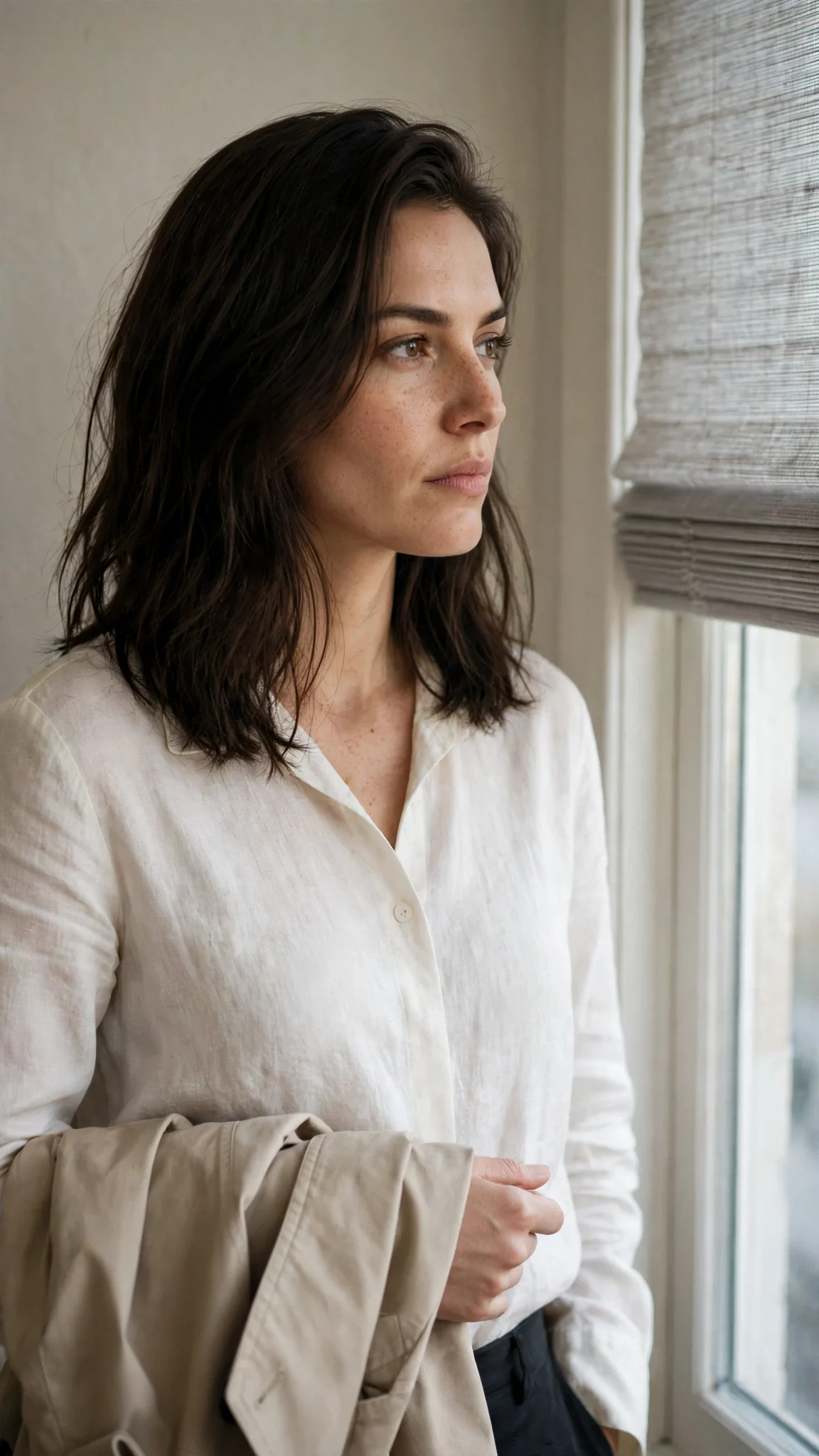 Thea looks toward the window, her expression unreadable.
