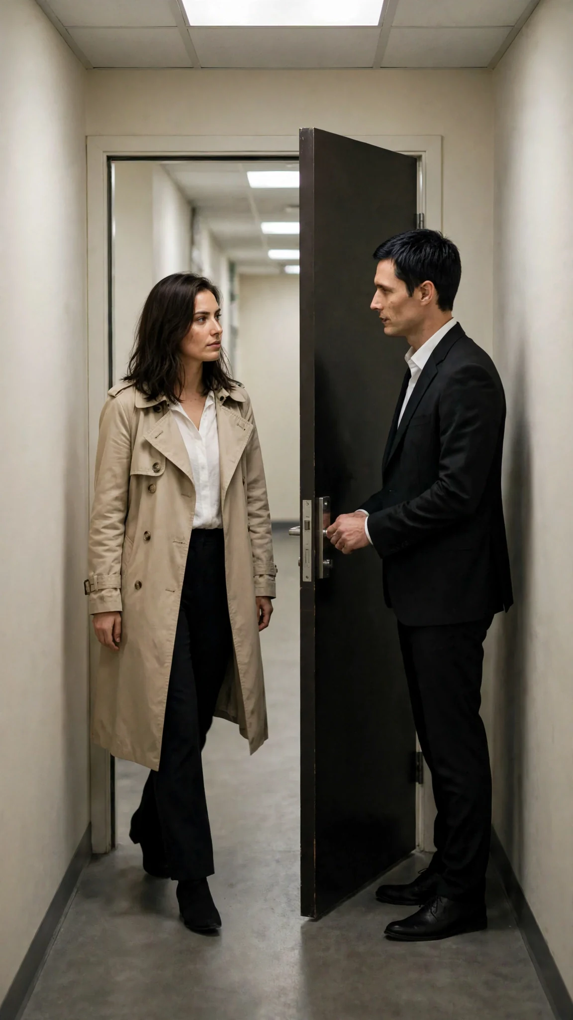 Thea walks through the doorway past Warren into the corridor.