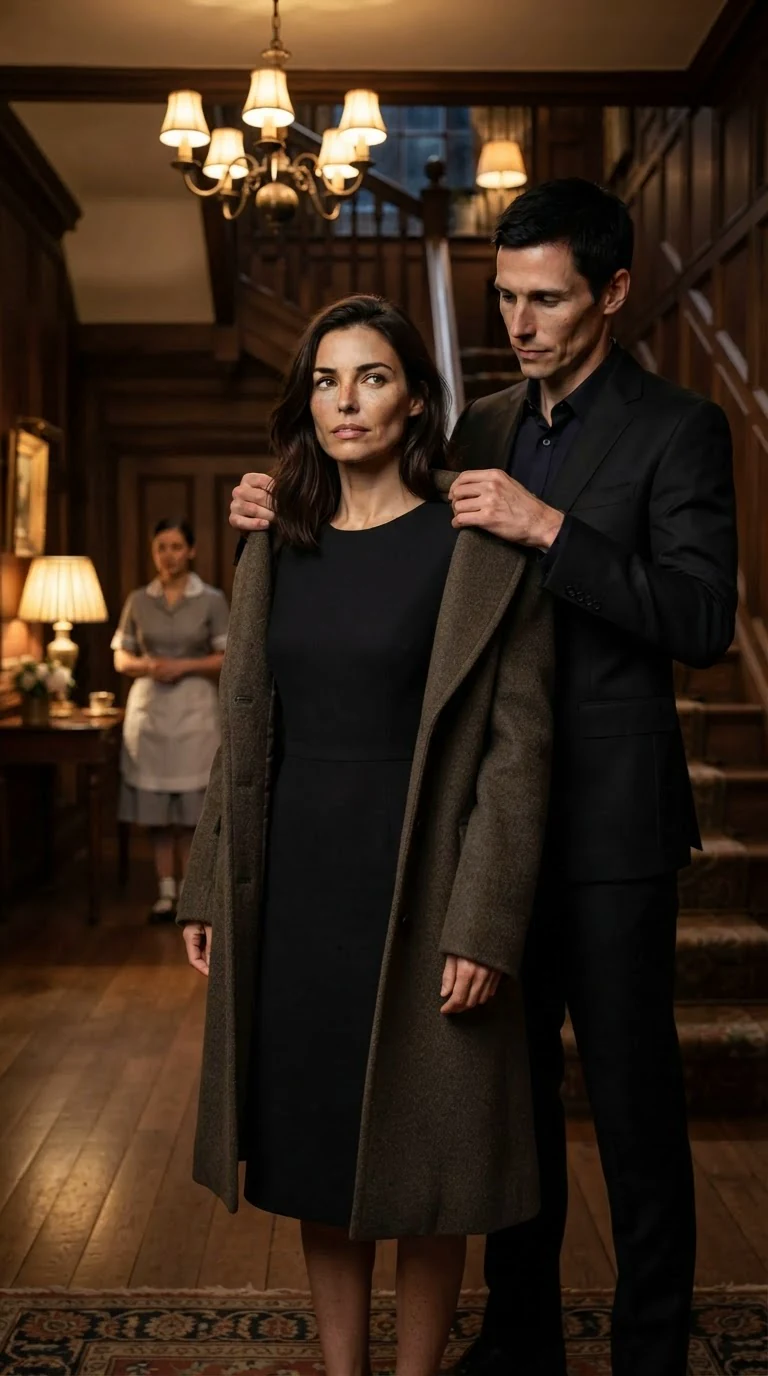 Thea and Warren stand in a warm lamplit foyer while a housekeeper waits behind them.