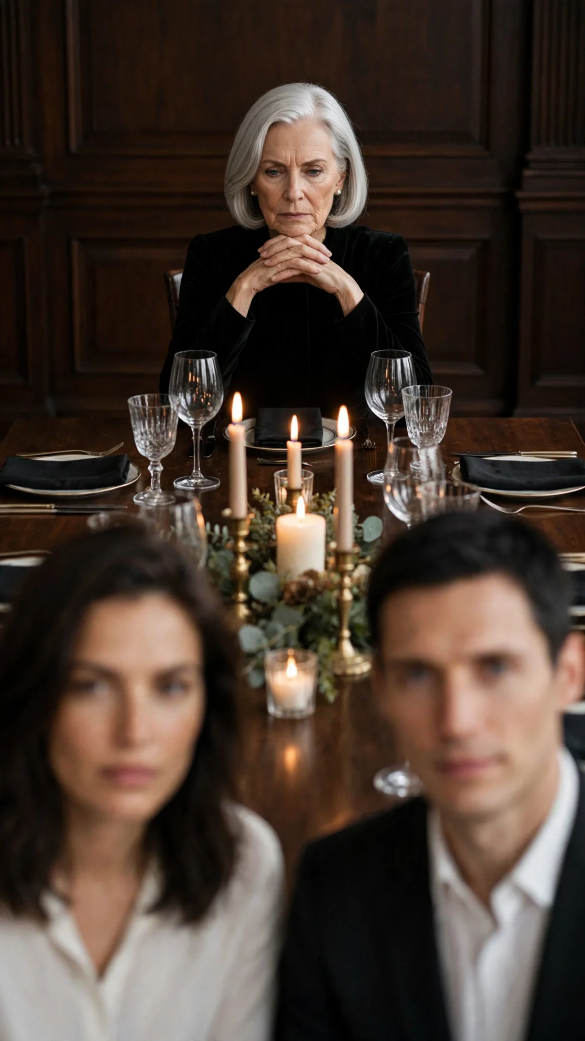 Lenore sits alone at the head of a long candlelit table, appraising the new arrivals.