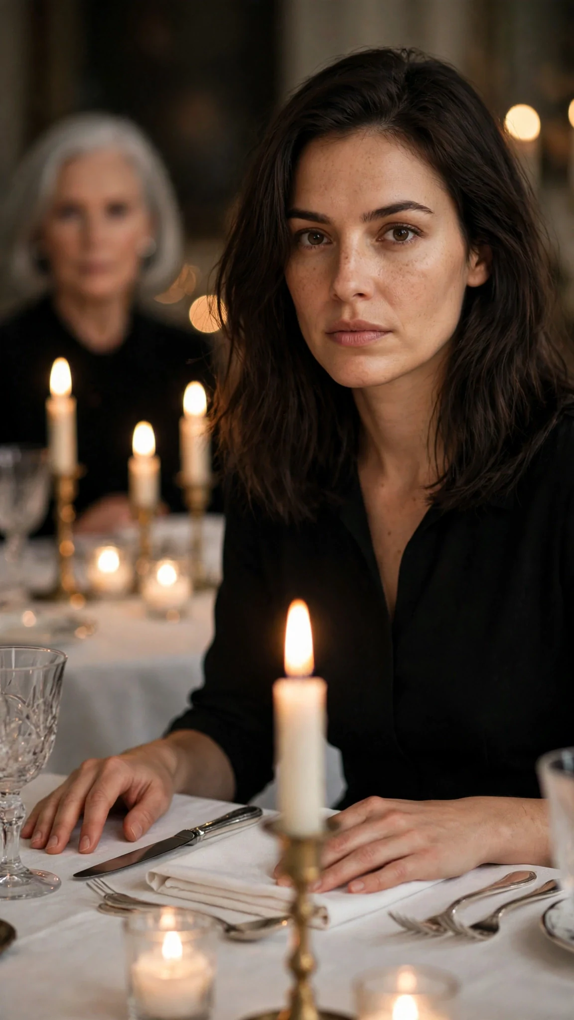 Thea sits straight-backed at the table, hands flat on the cloth, watching Lenore.