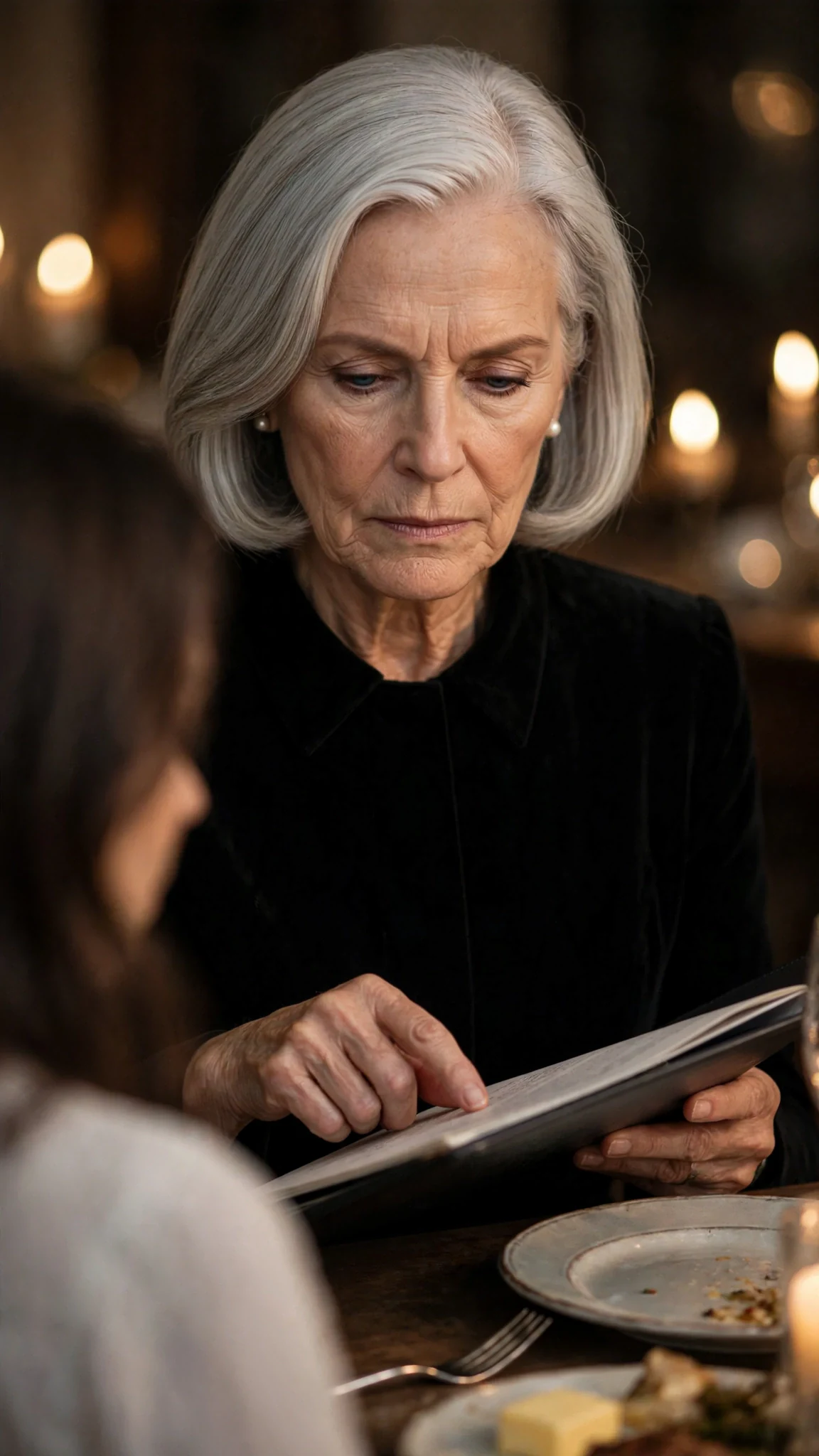 Lenore reads from a slim folder beside her plate, one finger on the page.