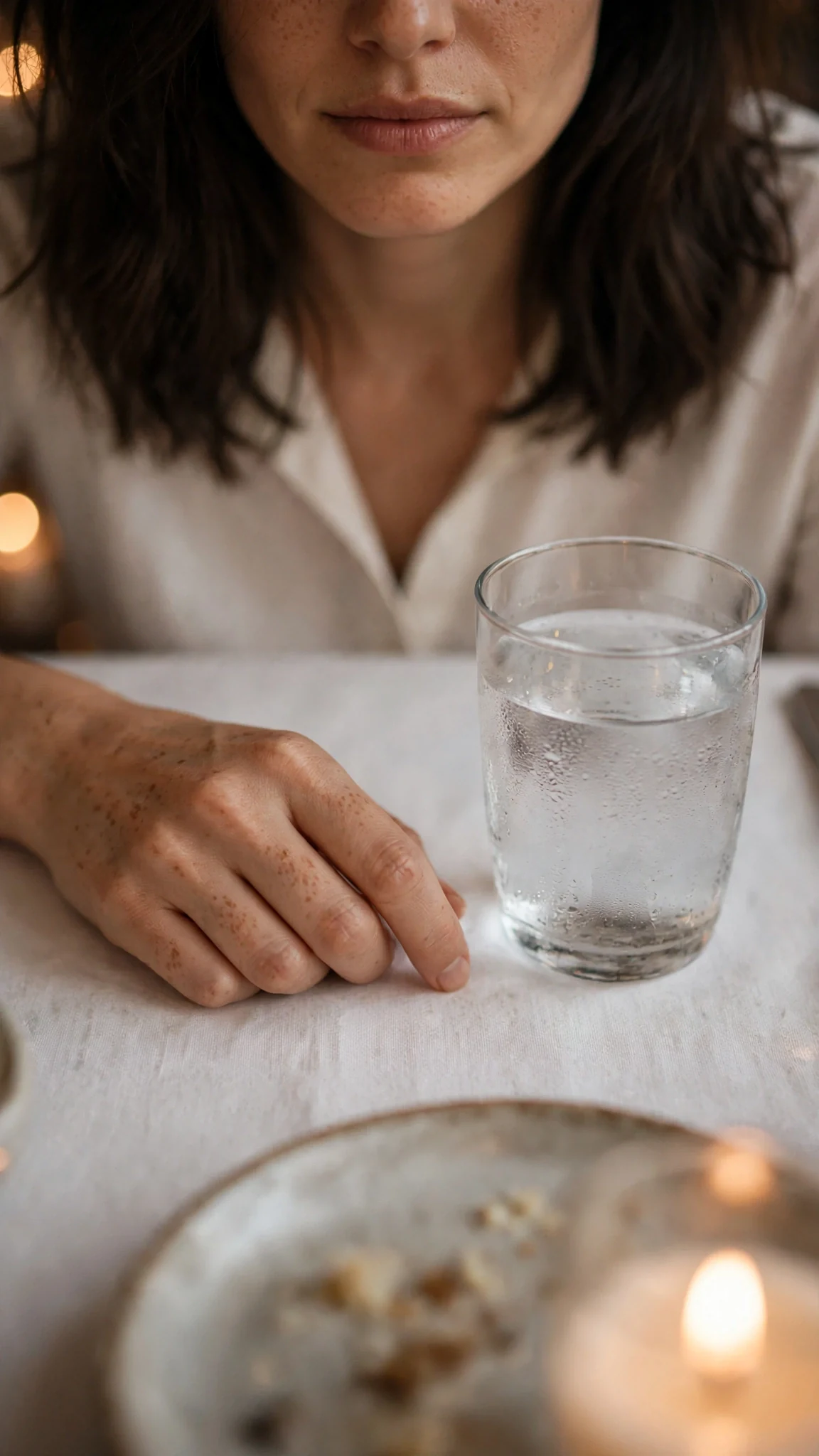 Thea's hand rests beside a beaded water glass she has not lifted.