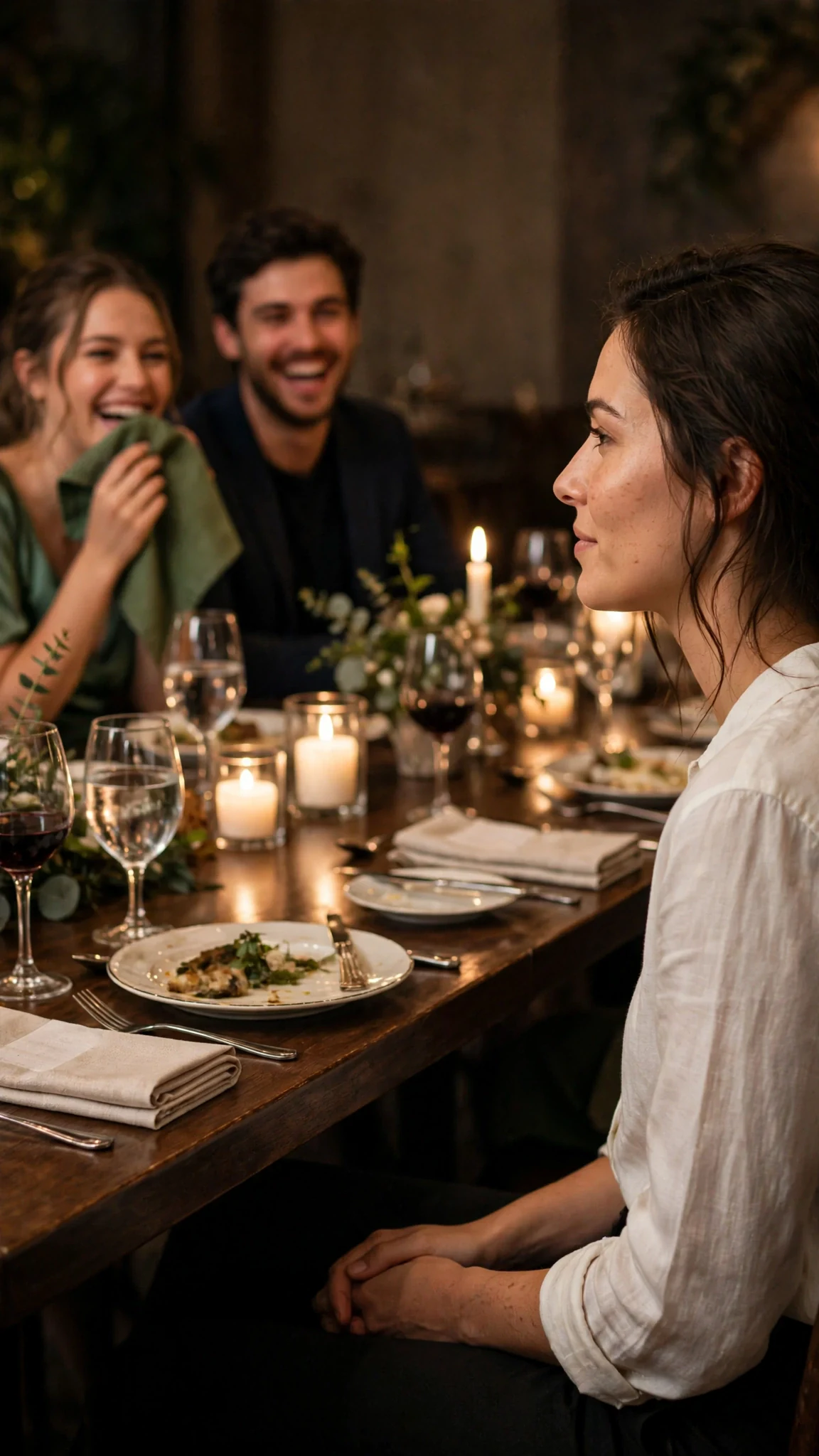 A polite laugh moves down the far end of the table while Thea keeps still.