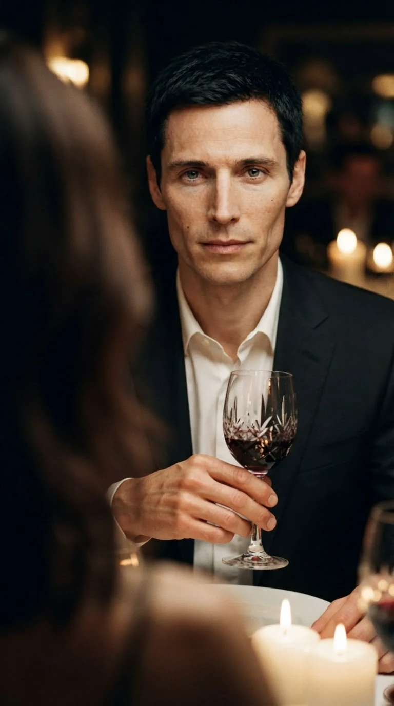 Warren's face in candlelight, unreadable, one hand around his wine glass.