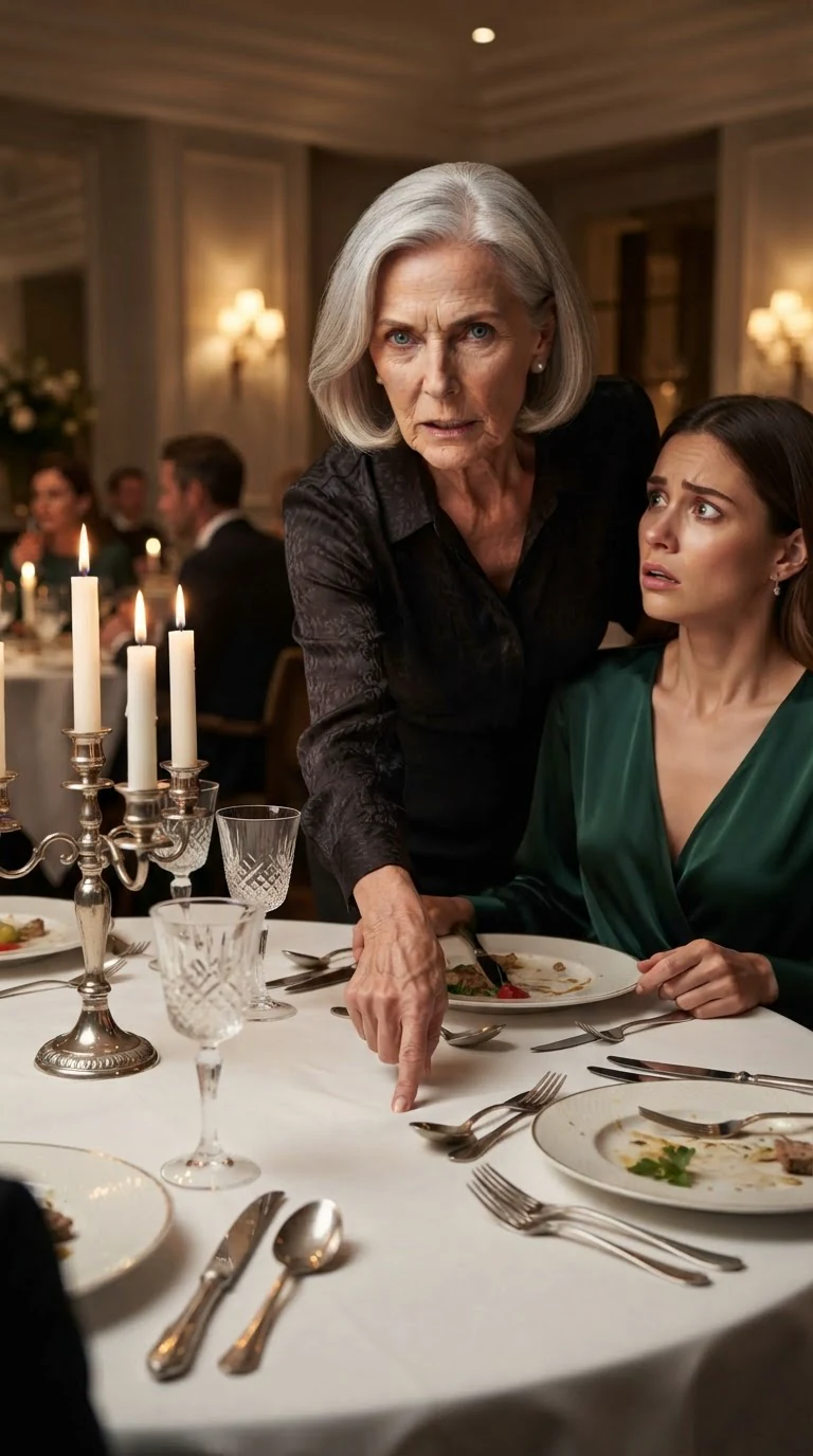Lenore leans forward with a finger on the tablecloth, issuing instructions.