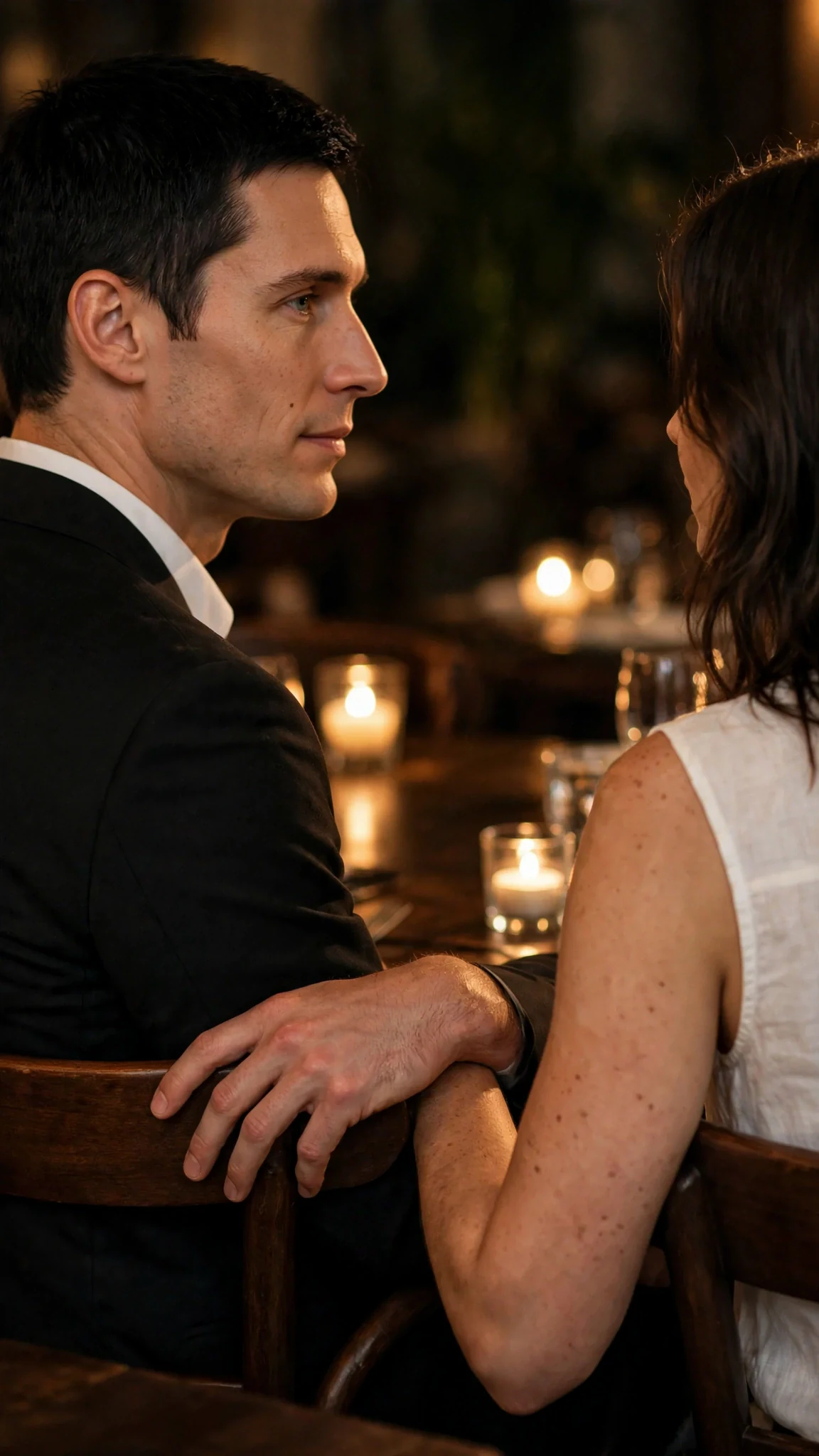 Warren's hand rests on the back of Thea's chair, his face turned away toward his aunt.