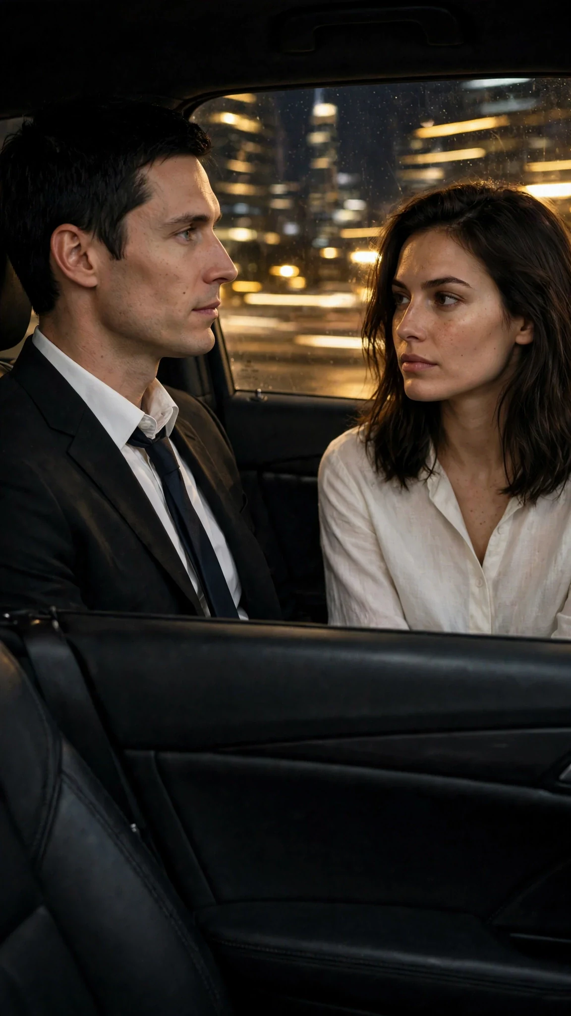 In a dark car at night, Warren and Thea sit apart with the city lights behind them.