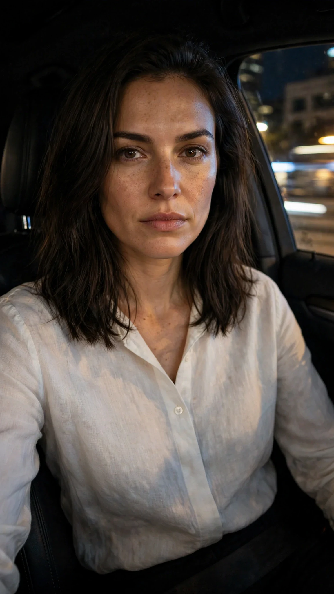 Thea's face lit by passing city lights, steady and unsmiling.