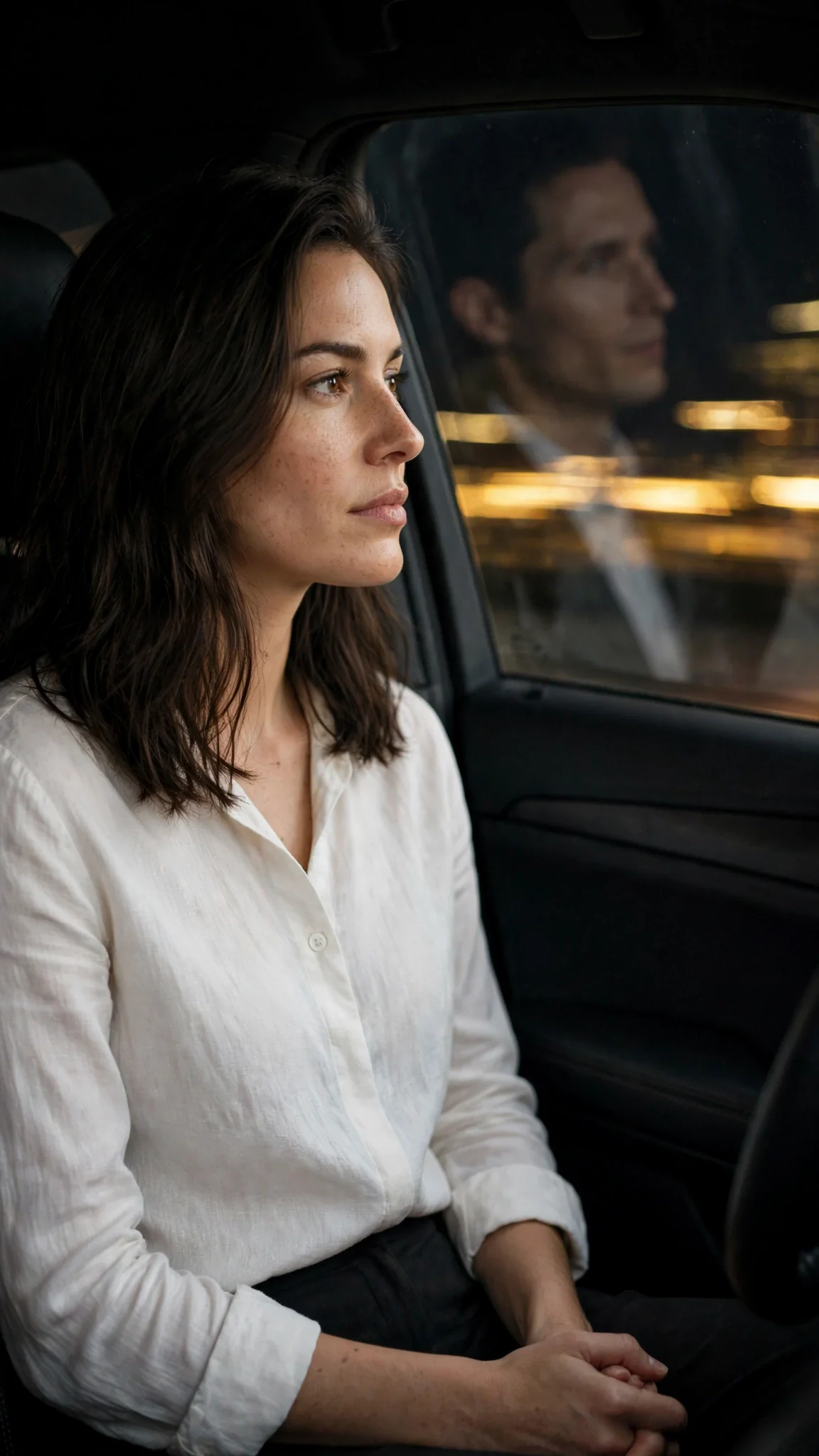 Thea looks out the car window at the city, hands folded in her lap.