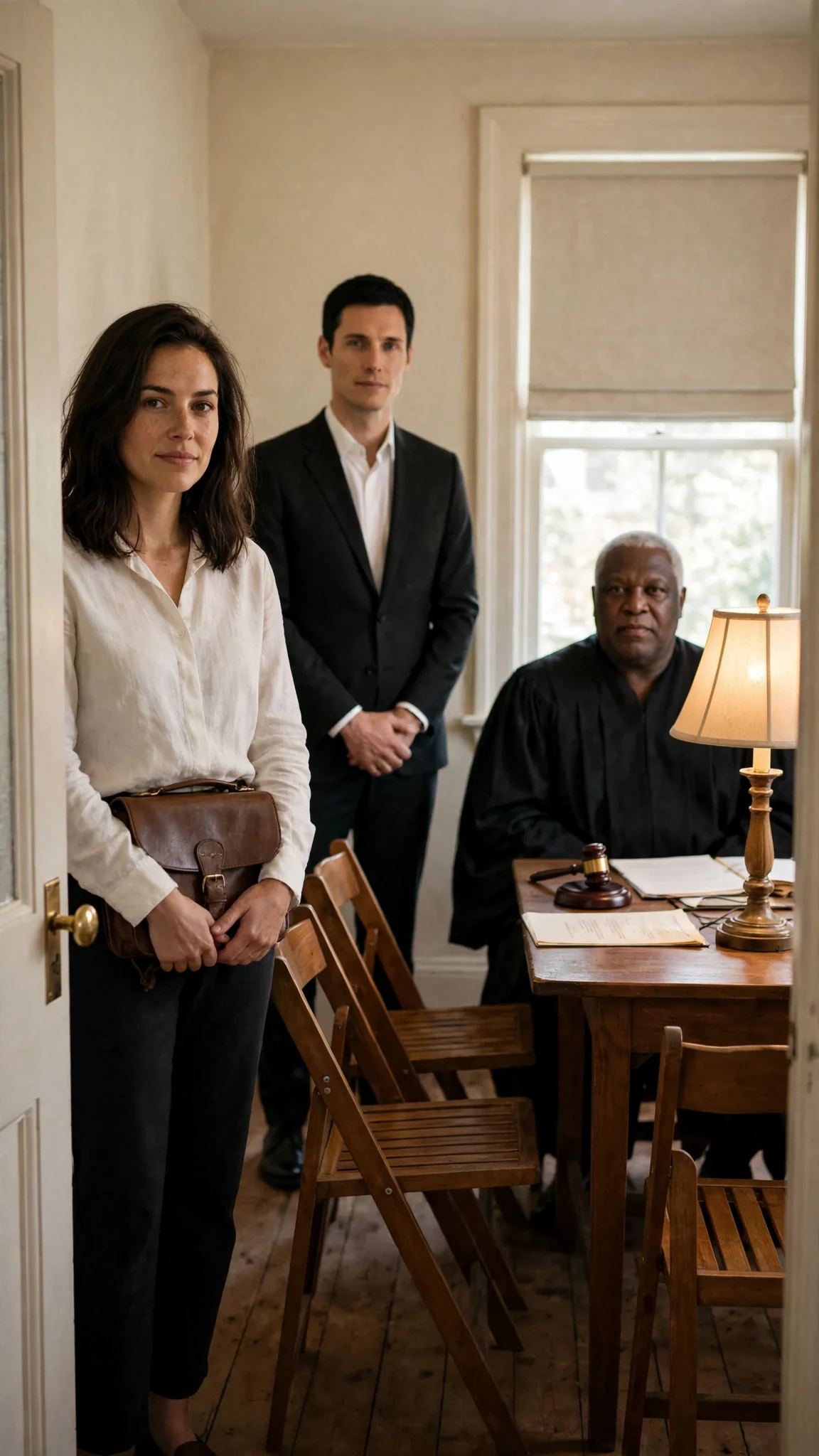 Thea steps into a small, bare ceremony room where Warren and Judge Owen are already waiting.