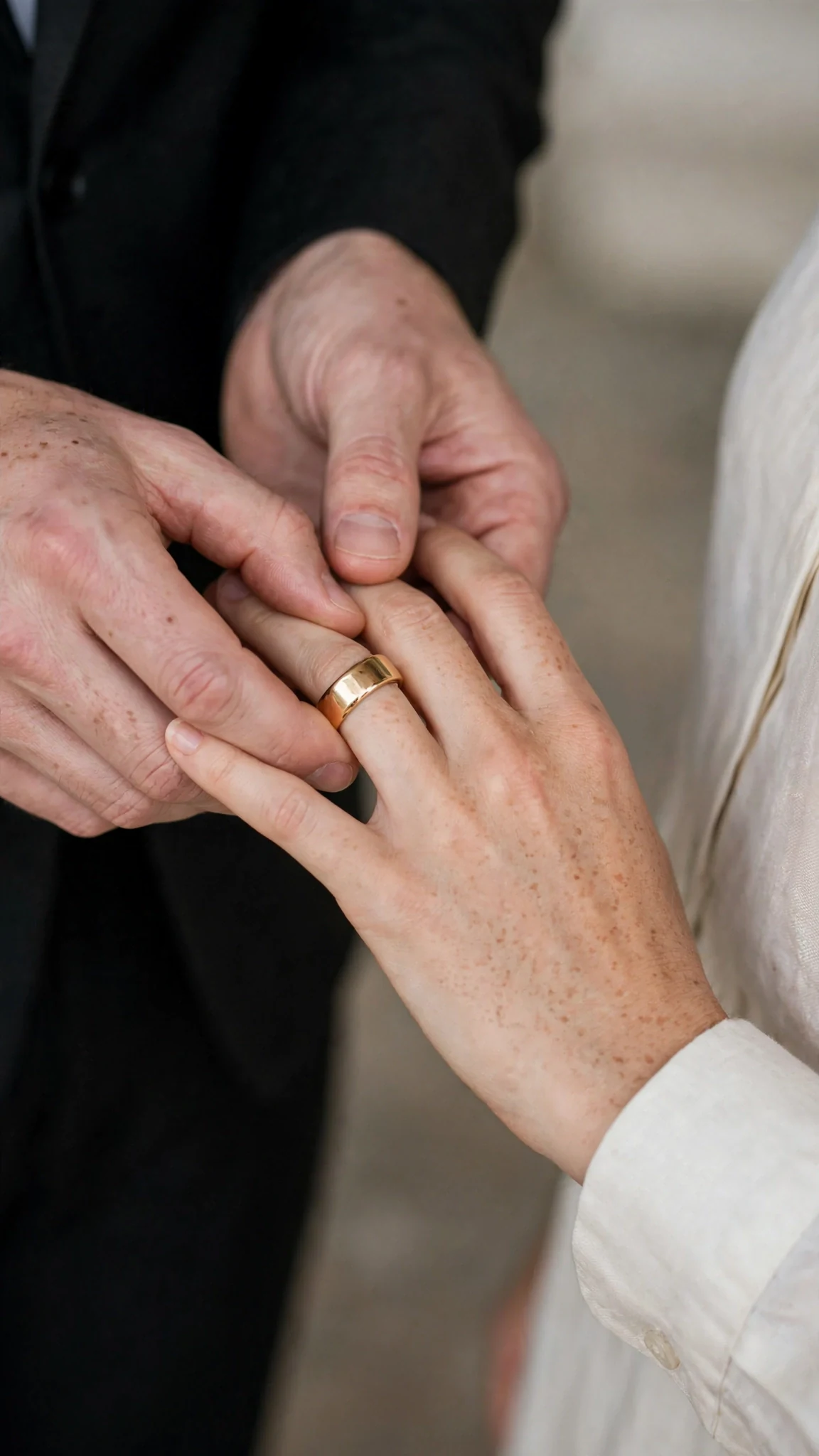 Warren slides a plain gold band onto Thea's hand.
