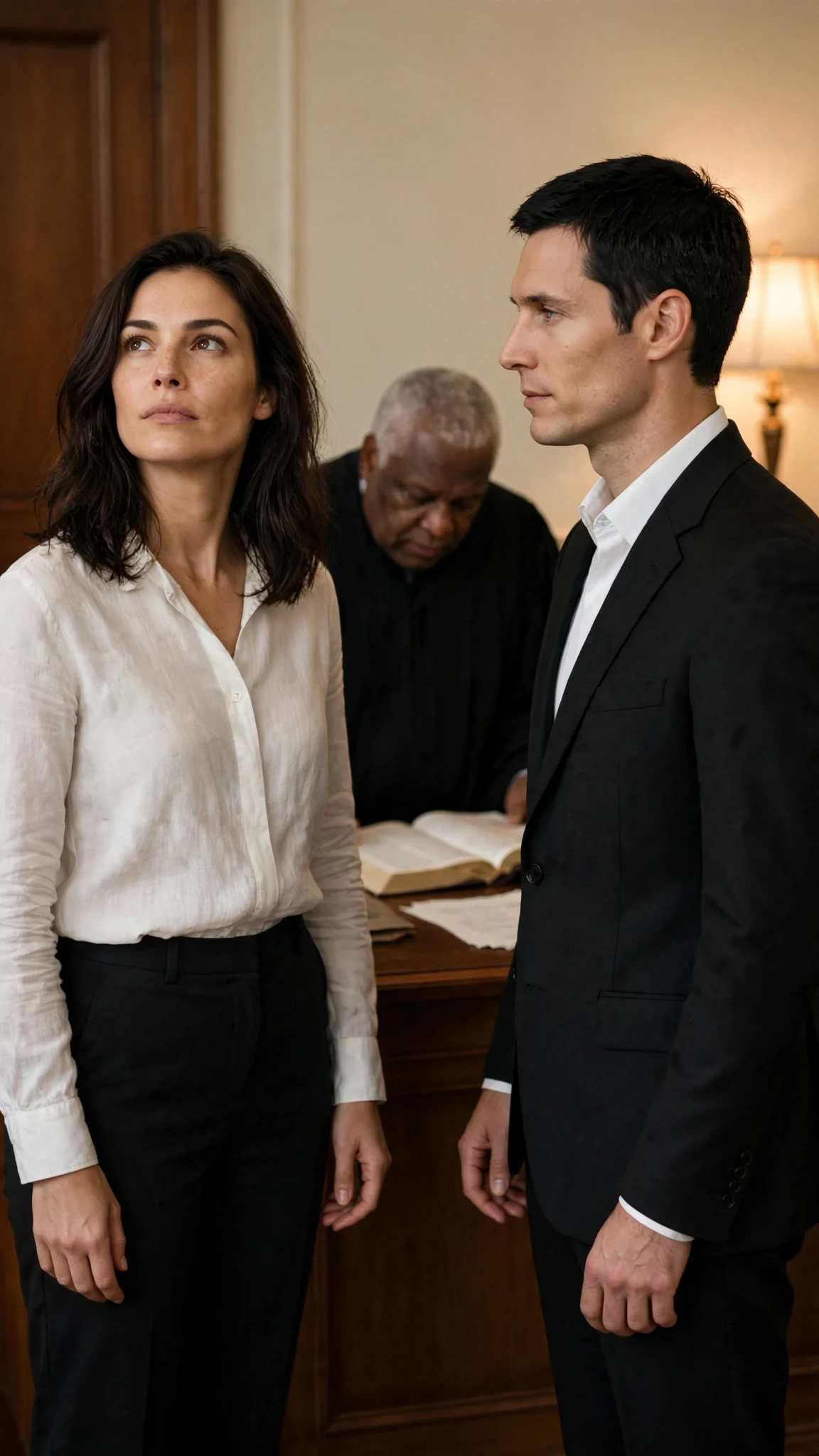 Thea steps back with her chin up while Warren watches her without apology.