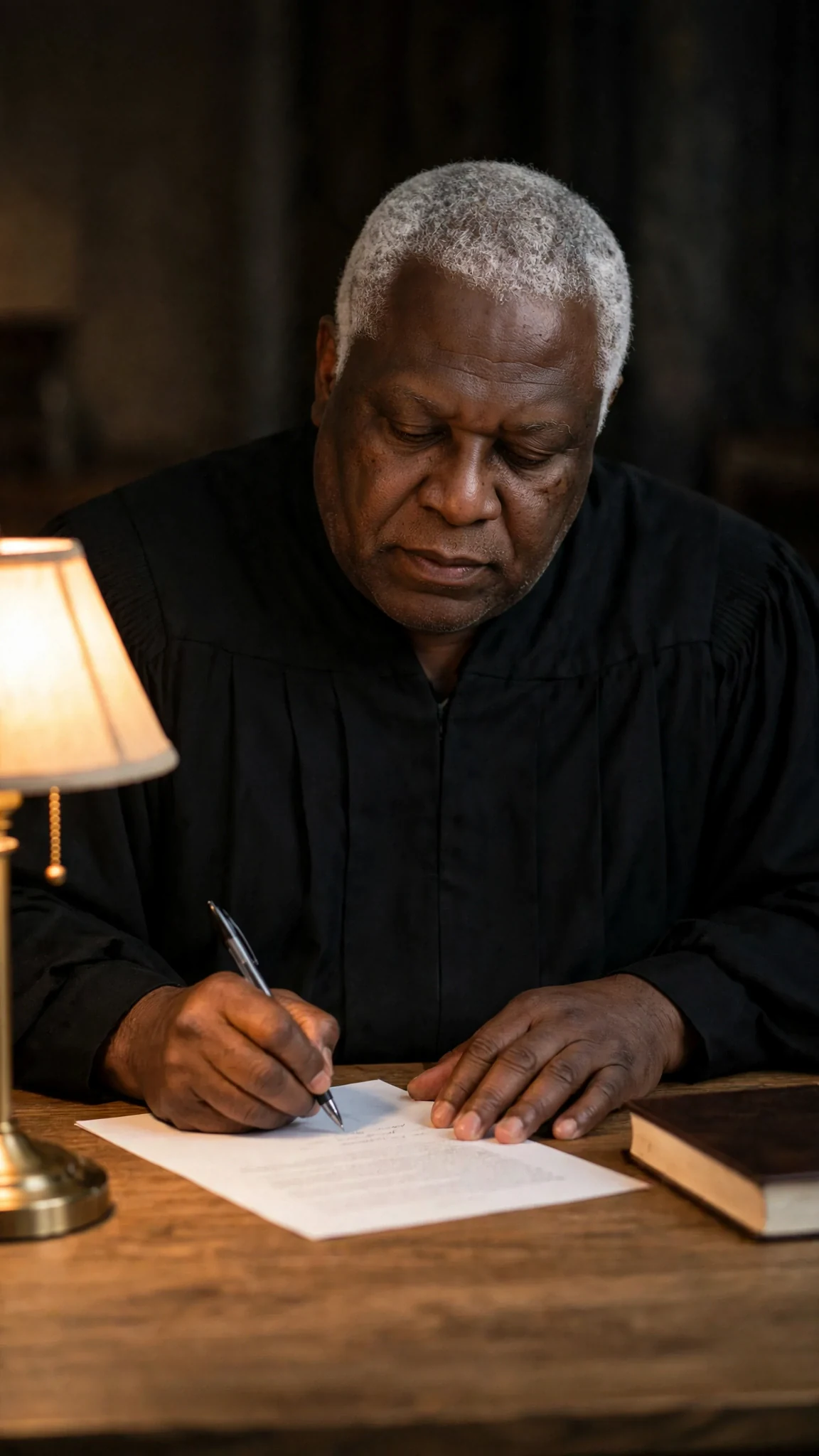 Judge Owen signs the marriage paper and closes his book.