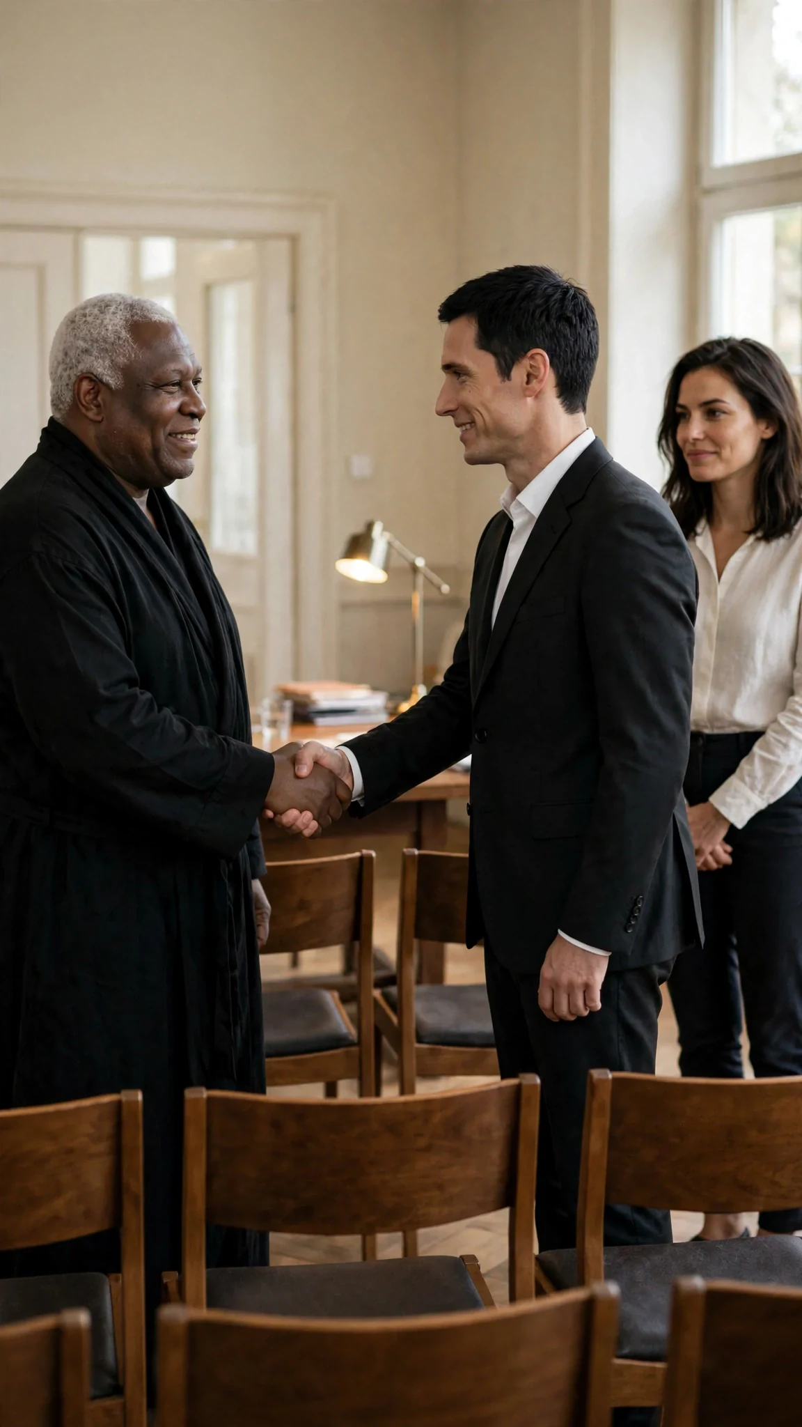 Judge Owen shakes their hands and leaves the two of them alone.