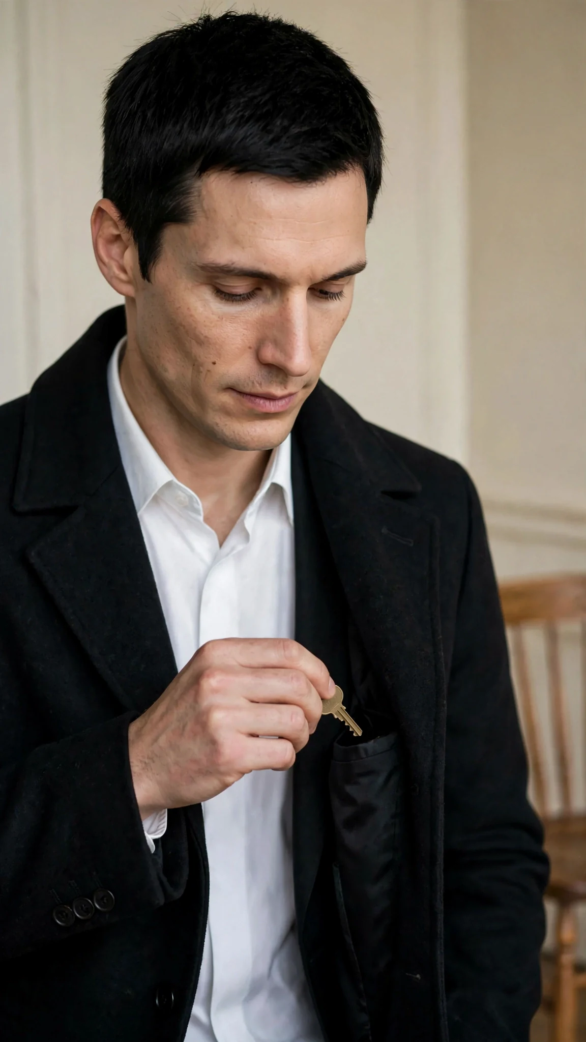 Warren takes a small plain key from his coat pocket.