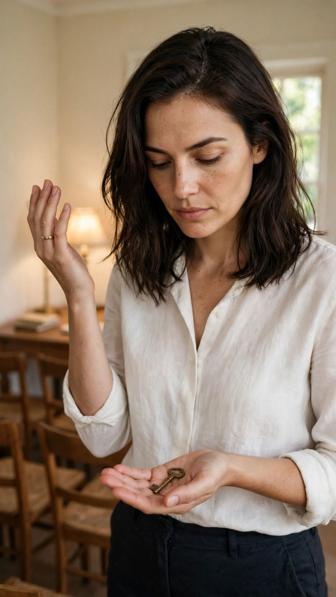 Thea looks at the ring on one hand and the key in the other.