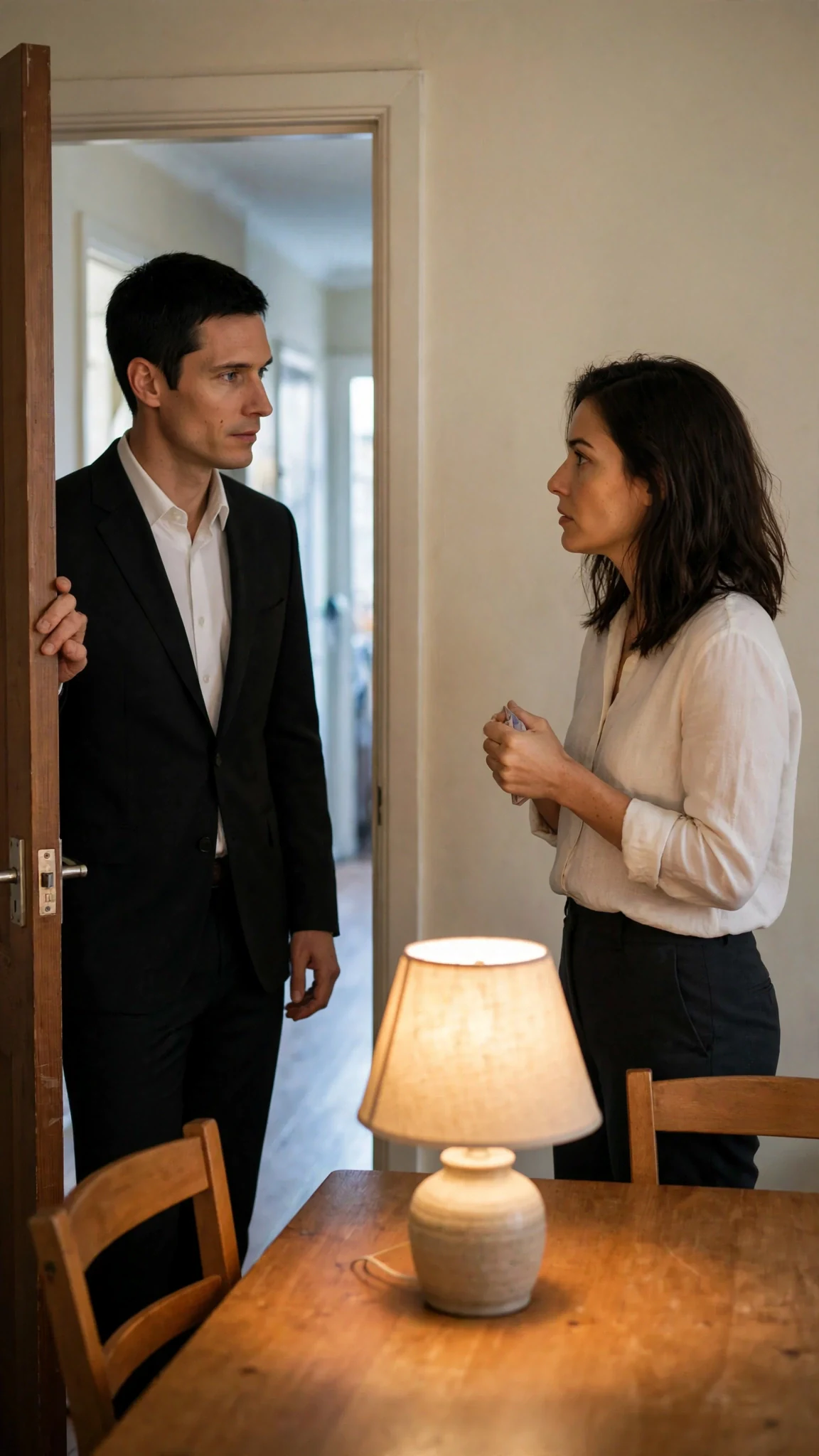 Warren waits at the open door in his coat while Thea stands across the room.