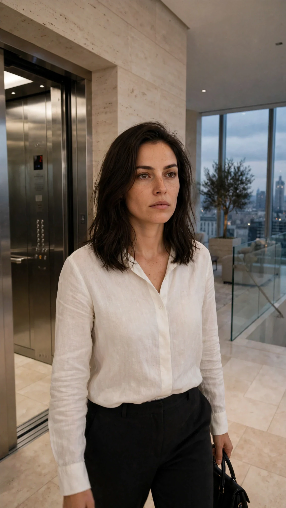 Thea steps out of a private elevator into a penthouse foyer of pale stone and glass at dusk.