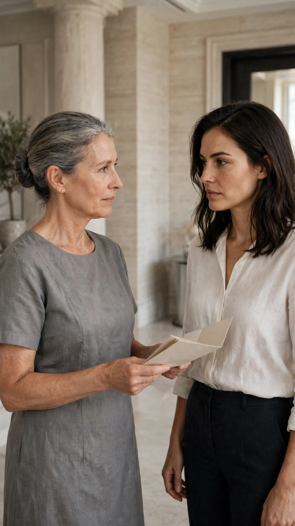 A housekeeper in a gray dress hands Thea a folded page in the foyer.