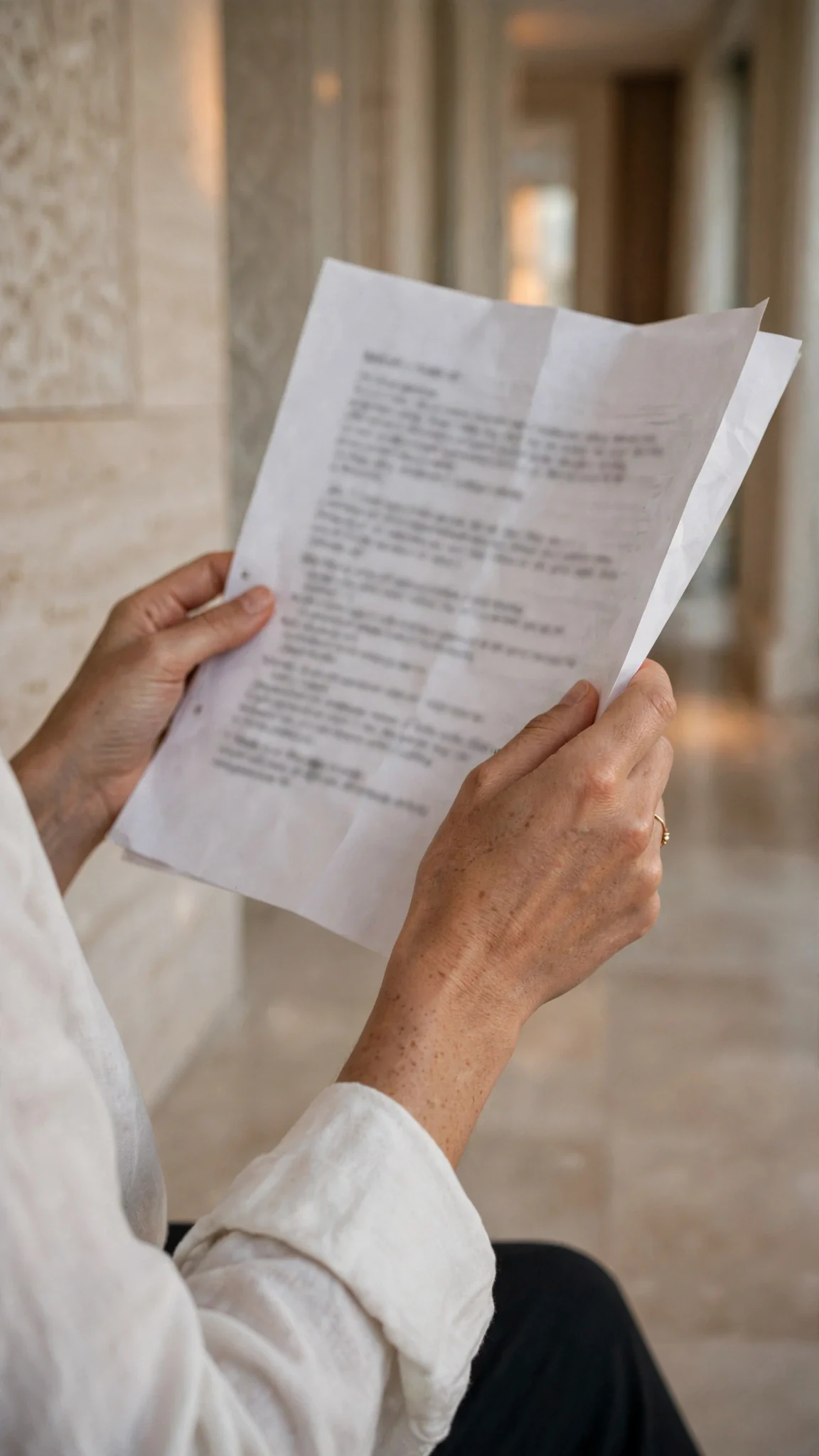 Thea's hands hold an unfolded schedule page in the penthouse hallway.