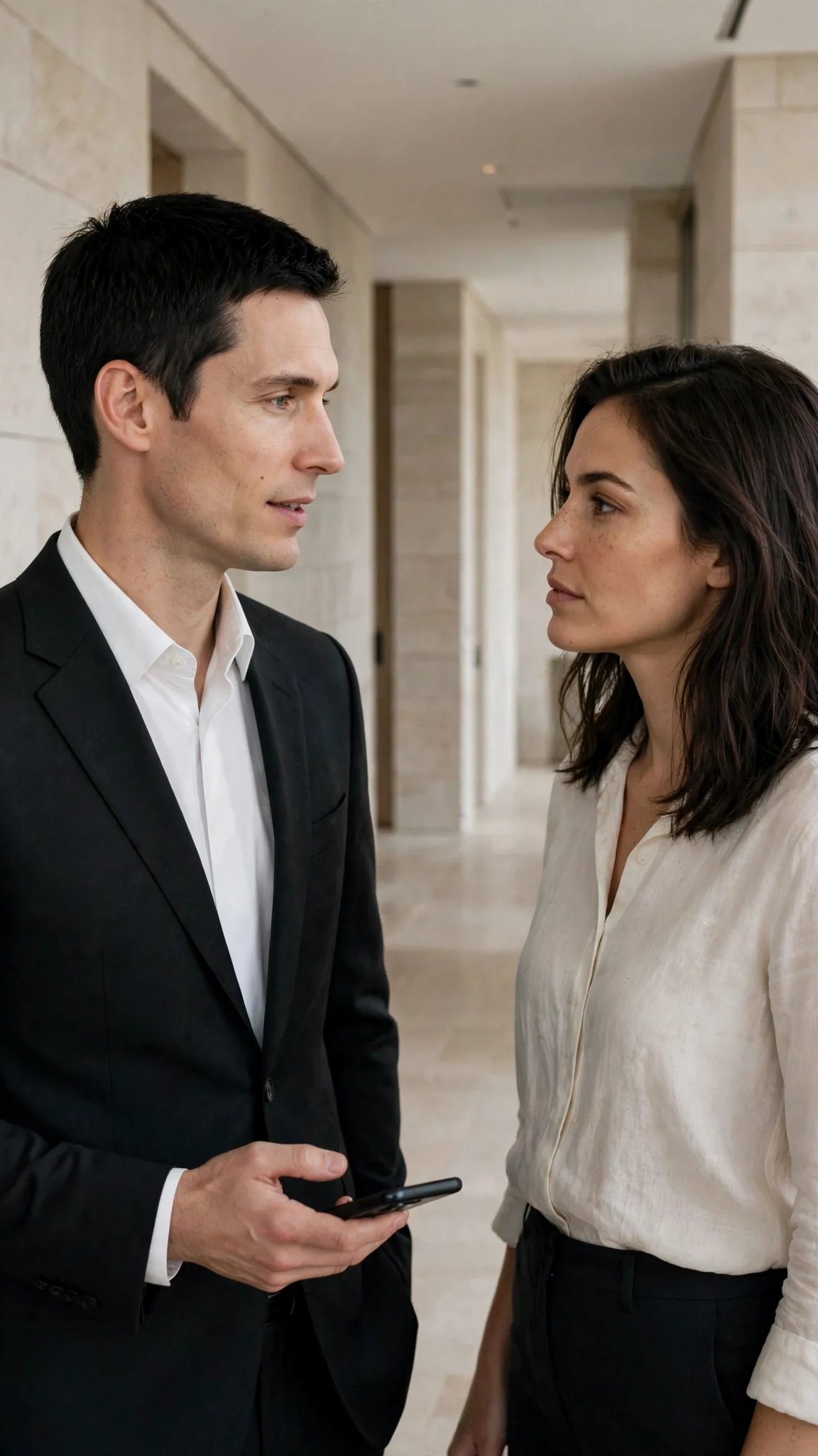 Warren stands in the hallway with his phone in one hand, telling Thea about the key.