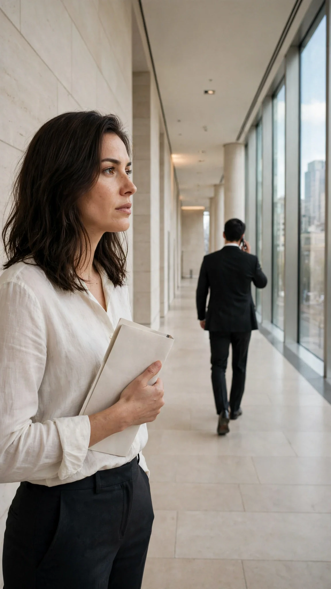 Thea stands alone in the foyer as Warren walks away down the hall.